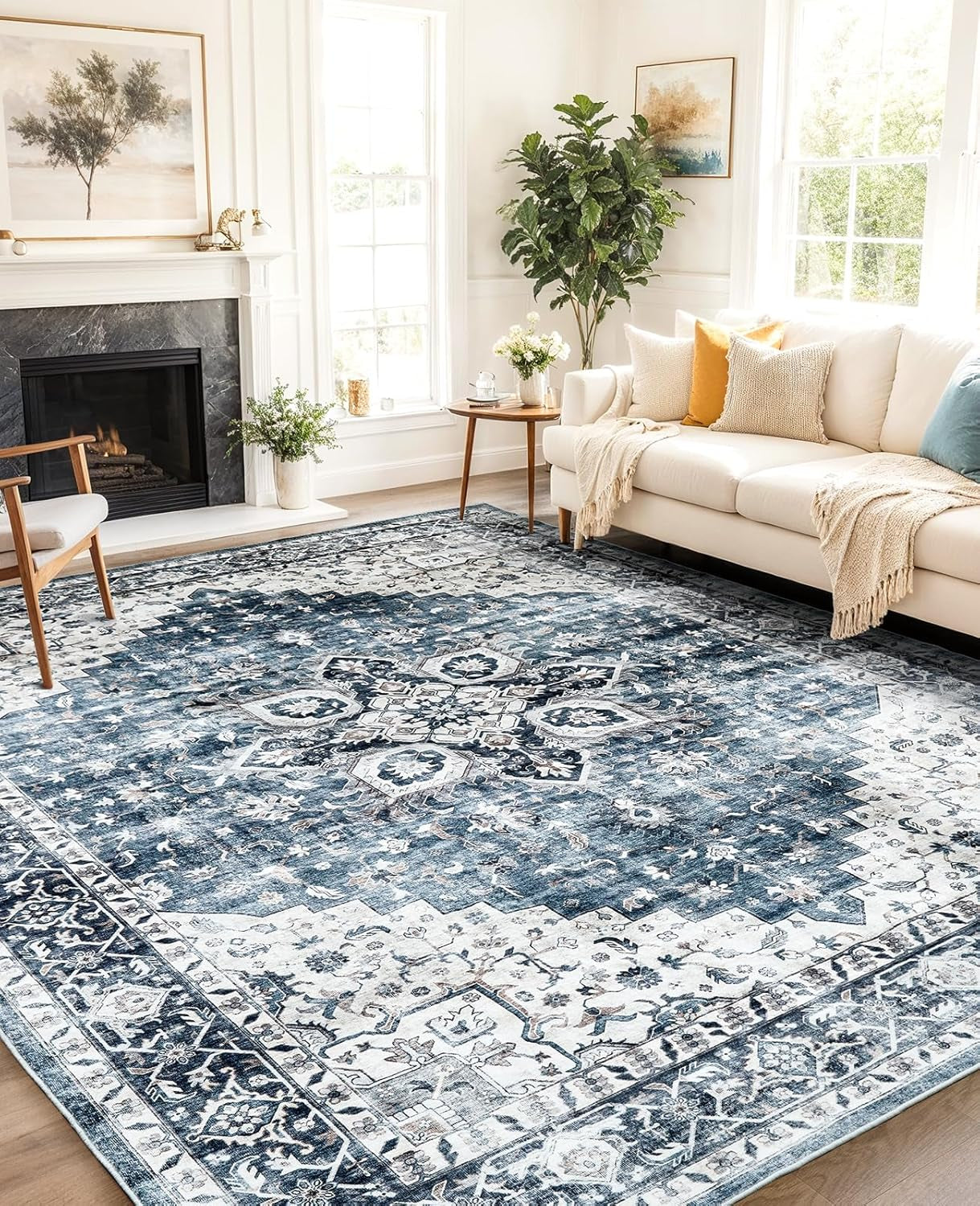 8X10 Washable Area Rug, Low-Profile Large Area Rug with Non-Slip Backing & Durable Edge Binding, Vintage Large Rugs for Living Room, Bedroom, Dinning Room