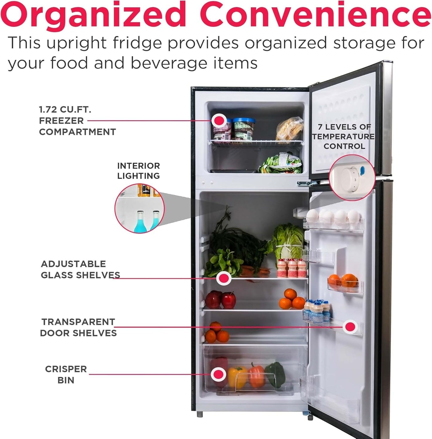 2 Door Apartment Size Refrigerator/Freezer Combo, 7.5 Cu Ft, Platinum Series, Stainless, 23" D X 21.5" W X 55.5" H