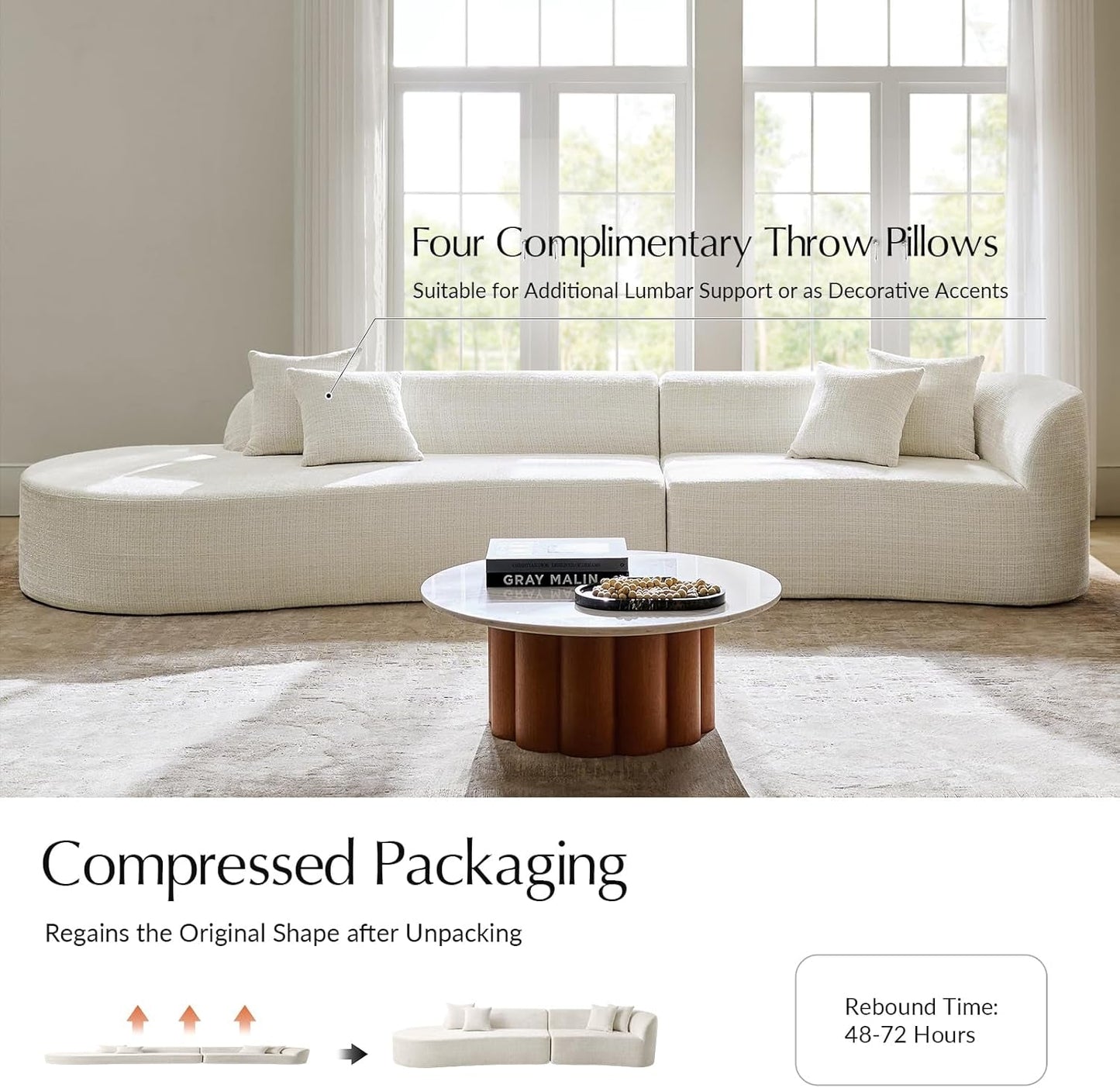 142'' Boneless Modular Sectional Couch, Oversized 4 Seater Curved Sofa with 4 Throw Pillows, Compressed Foam Chenille Sofa for Living Room, No Assembly Required, Ivory
