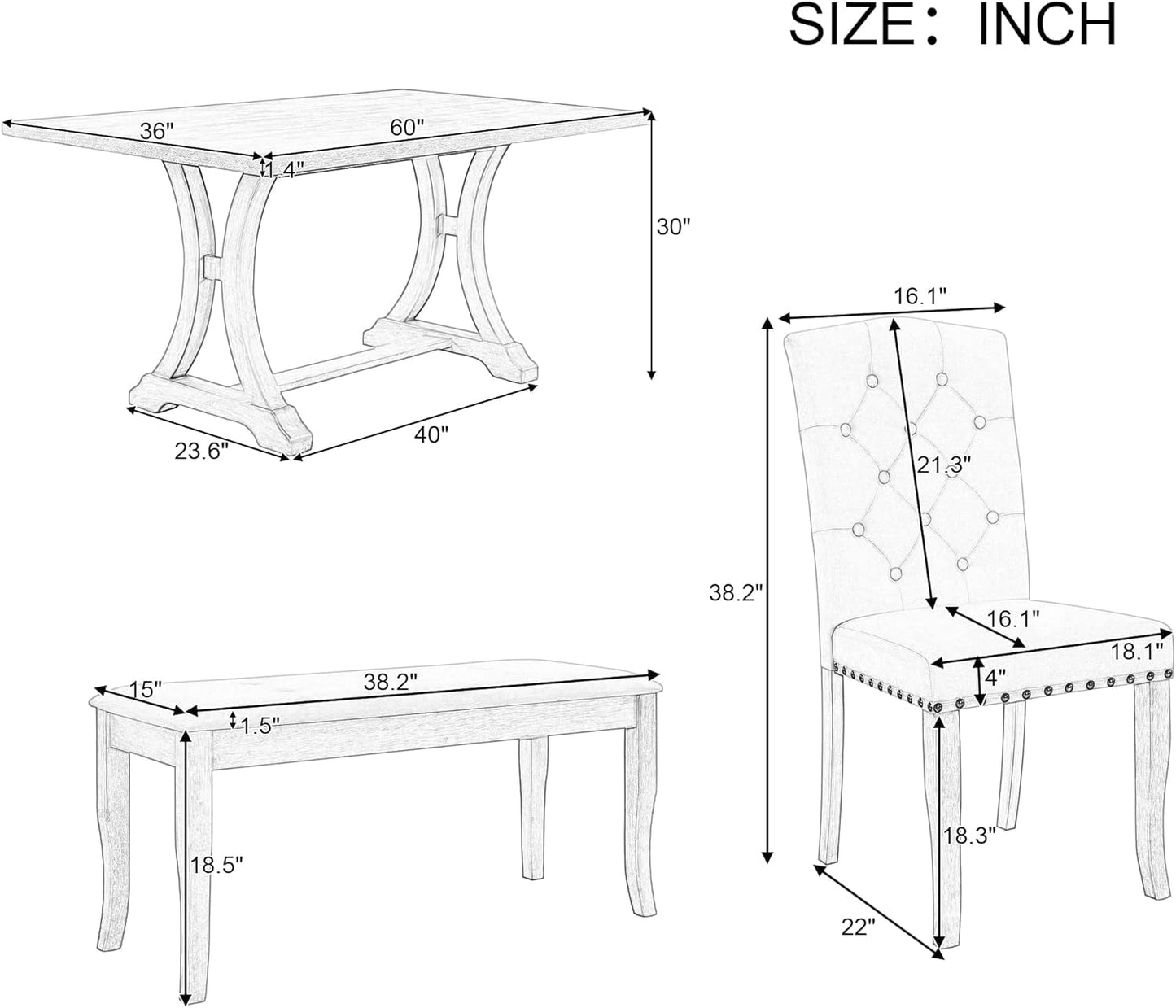 Dining Table Set for 6, Kitchen Table Set with Chairs and Bench, 6 Piece Solid Wood Dining Room Set with Trestle Table Legs for Kitchen, Dining Room (Antique Grey)