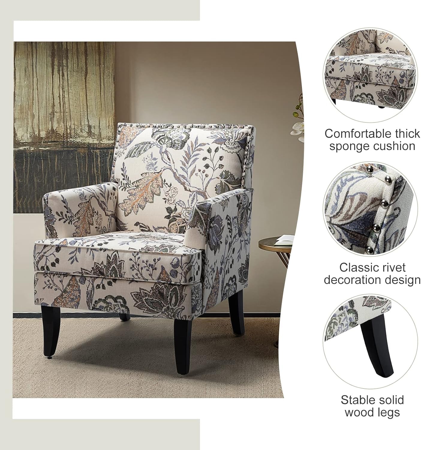 Modern Accent Chair with Arms and Wooden Legs, Floral Patterned Accent Chair Armchair High Back Rest, Padded Armrest and Comfortable Cushioned Seat for Living Room (Orange Grey Floral)