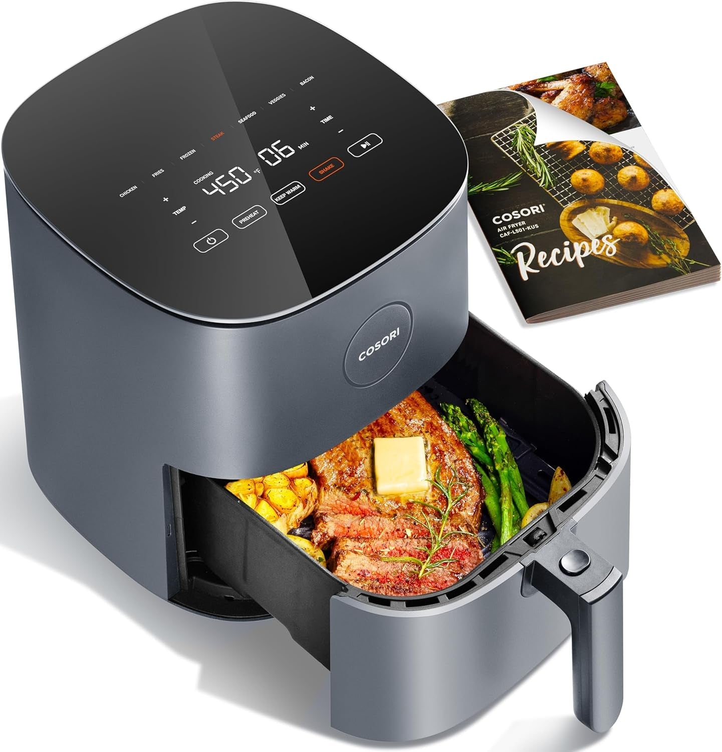 Air Fryer Pro 9-In-1, Compact 5QT, Ceramic Coating, 450℉: Half Time & Chef-Grade Cook, One-Wipe Clean Glass Panel, 130+ In-App Recipes, Nonstick & Dishwasher-Safe Basket, Gray