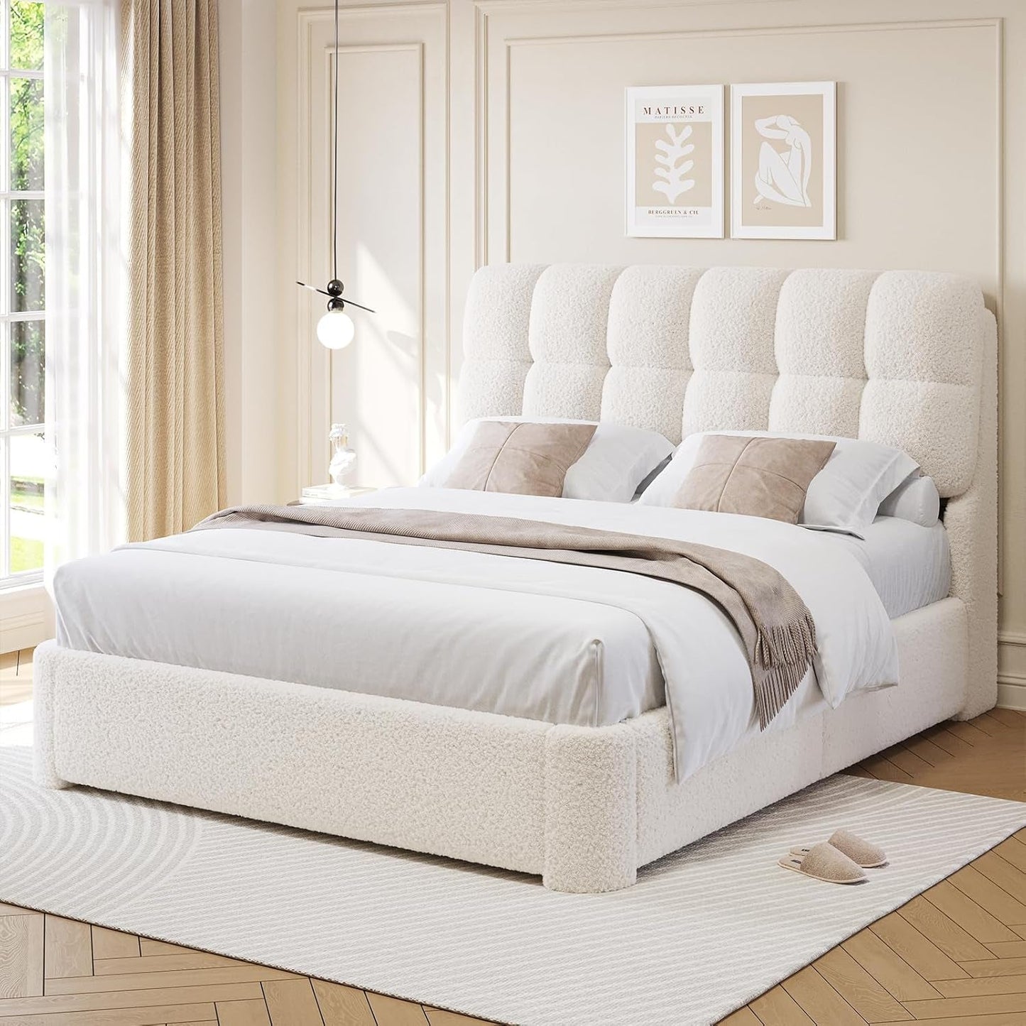 Boucle Full Size Bed Frame with Headboard, Modern Upholstered Platform Bed Frame Full with Rounded Corners, Soft Cloud Beds, Wood Slats Support, No Box Spring Needed, Easy Assembly, Cream