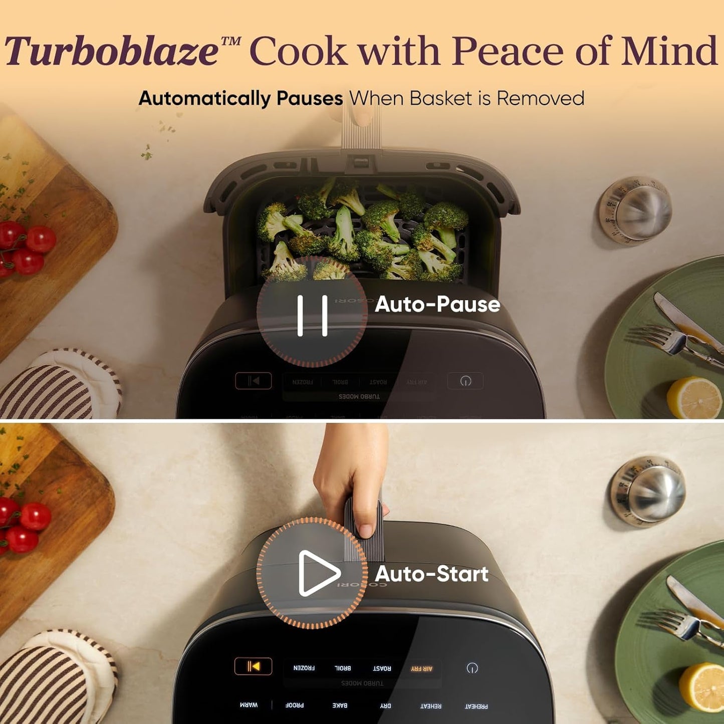 9-In-1 Turboblaze Air Fryer 6 Qt, Premium Ceramic Coating, 90°–450°F, Precise Heating for Even Results, Air Fry, Roast, Bake, Broil, Dry, Frozen, Proof, Reheat, Keep Warm, 120V, Dark Gray