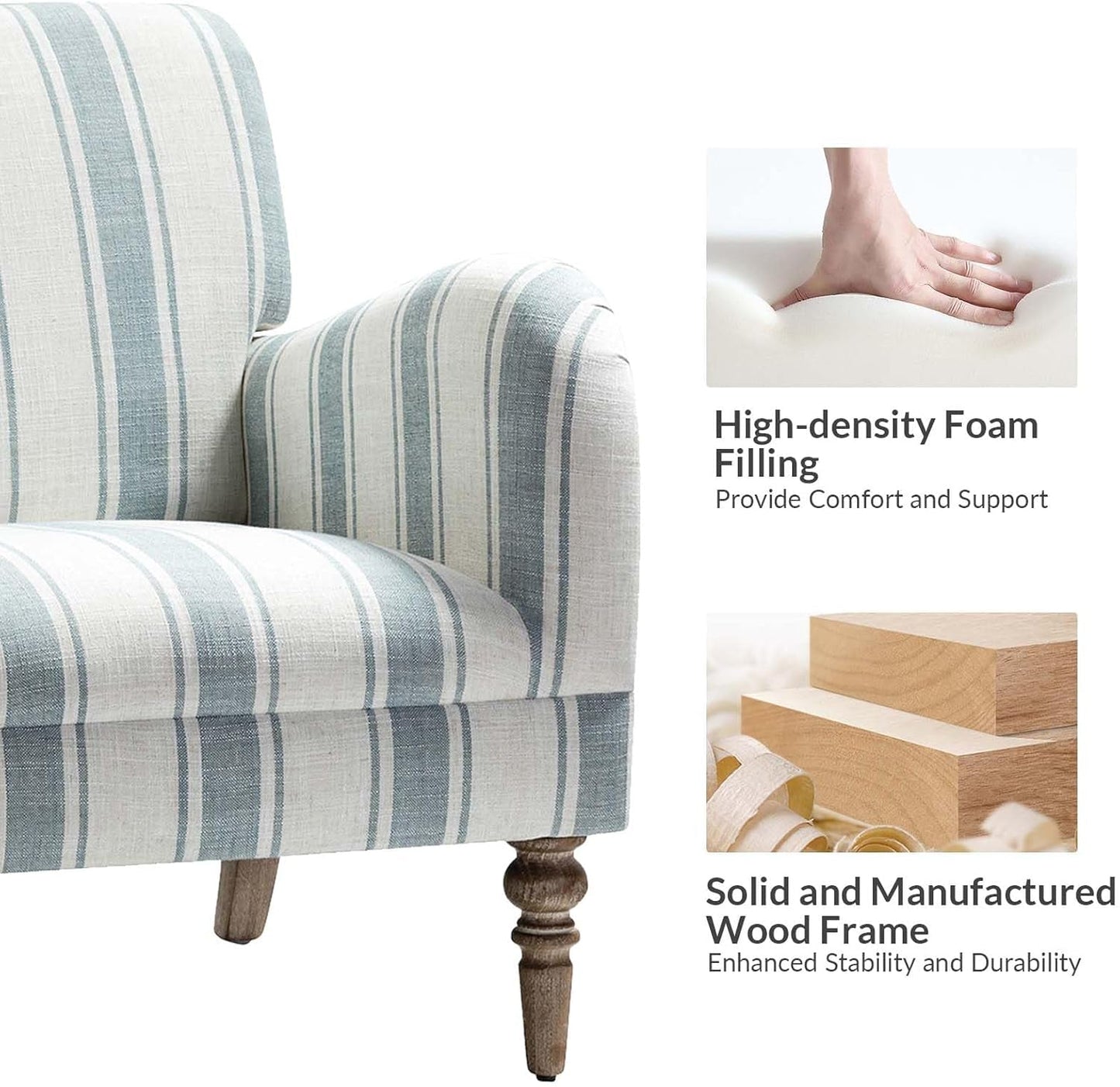 Modern Accent Chair with Arms and Wooden Legs, Comfy Upholstered Armchair for Living Room, Bedroom (Stripe Pattern, Blue)