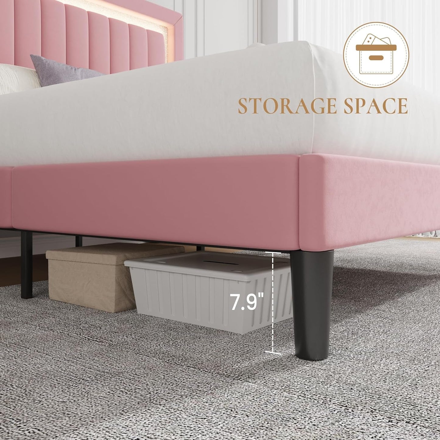 Queen Size Velvet Bed Frame with LED Light, Adjustable Vertical Channel Tufted Headboard, Strong Wooden Slats Support, Noise-Free, No Box Spring Needed, Pink