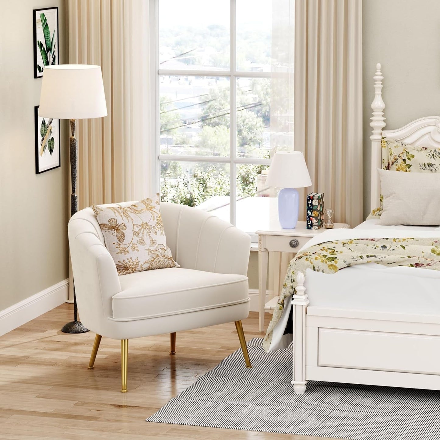 Velvet Accent Chair Set of 2, Upholstered Modern Single Sofa Side Chair,Comfy Barrel Club Living Room Armchair with Golden Metal Legs for Bedroom Living Reading Room Office, Beige