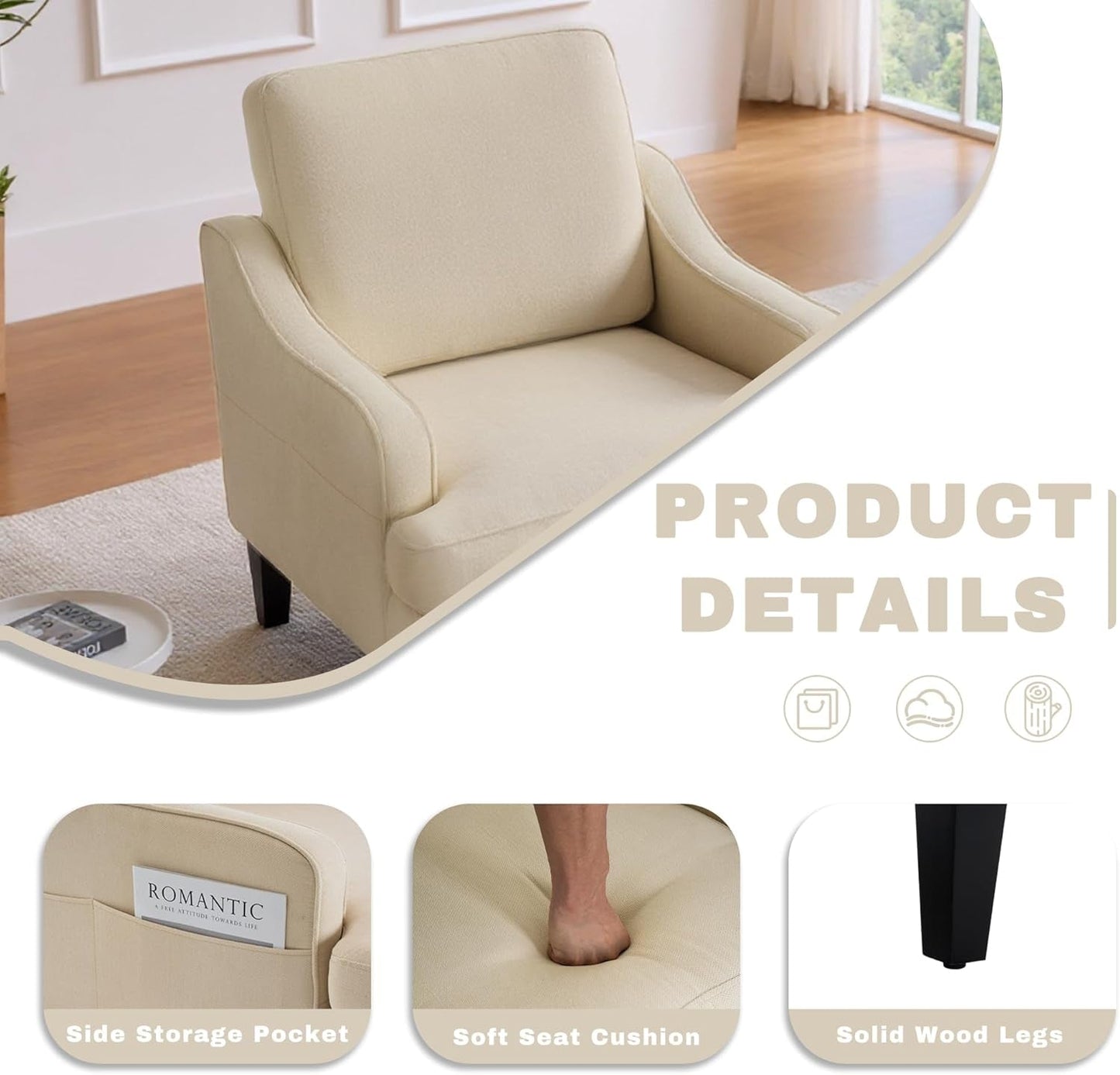 Accent Chair for Living Room,Mid-Century Arm Chair Fabric Living Room Chairs,Upholstered Reading Chair for Bedroom,Single Sofa Chair with Wood Legs for Apartment (Beige)
