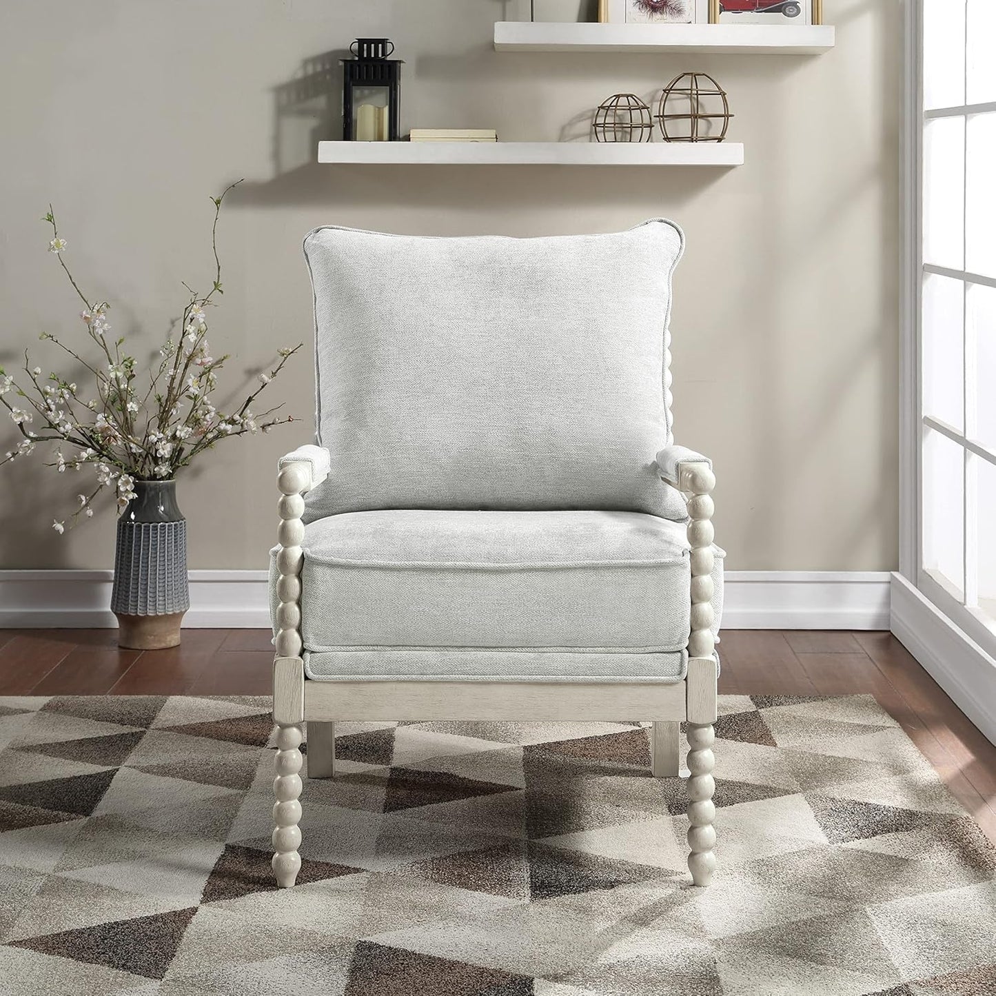 Kaylee Spindle Accent Chair with Antique White Wood Frame, Smoke Grey Fabric