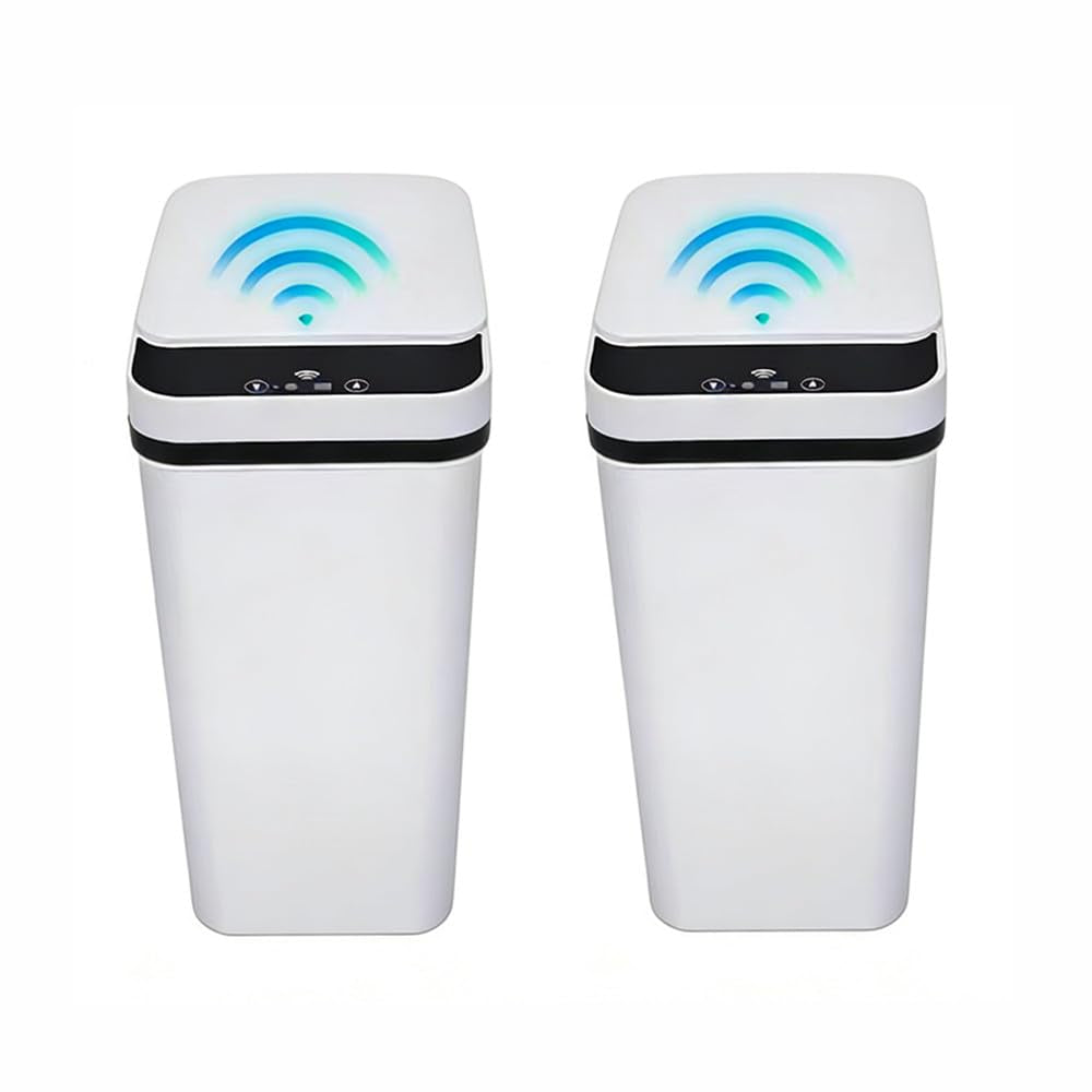 2 Pack Bathroom Trash Can,Smart Touchless Trash Can,Automatic Motion Sensor Trash Bin with Lid,2.4 Gallon Garbage Can, Kitchen, Bathroom, Office, Bedroom Trash Can (White+White)