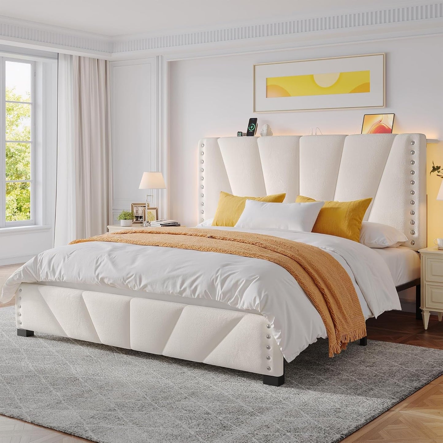 Queen Bed Frame, Velvet Bed Frame with Headboard and Led Light, Platform Bed Frame for Bedroom Apartment, Dorm, Noise-Free, Easy Assembly, Beige