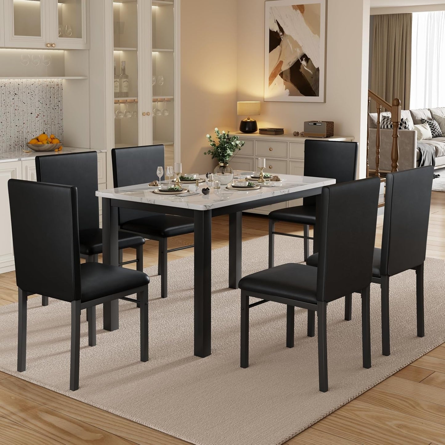 Dining Table Set for 6, 7-Piece Kitchen Dining Room Set with Faux Marble Top & Sturdy Metal Frame, Space Saving Dinner Table with 6 Chairs for Small Spaces, Dining Room, White & Black