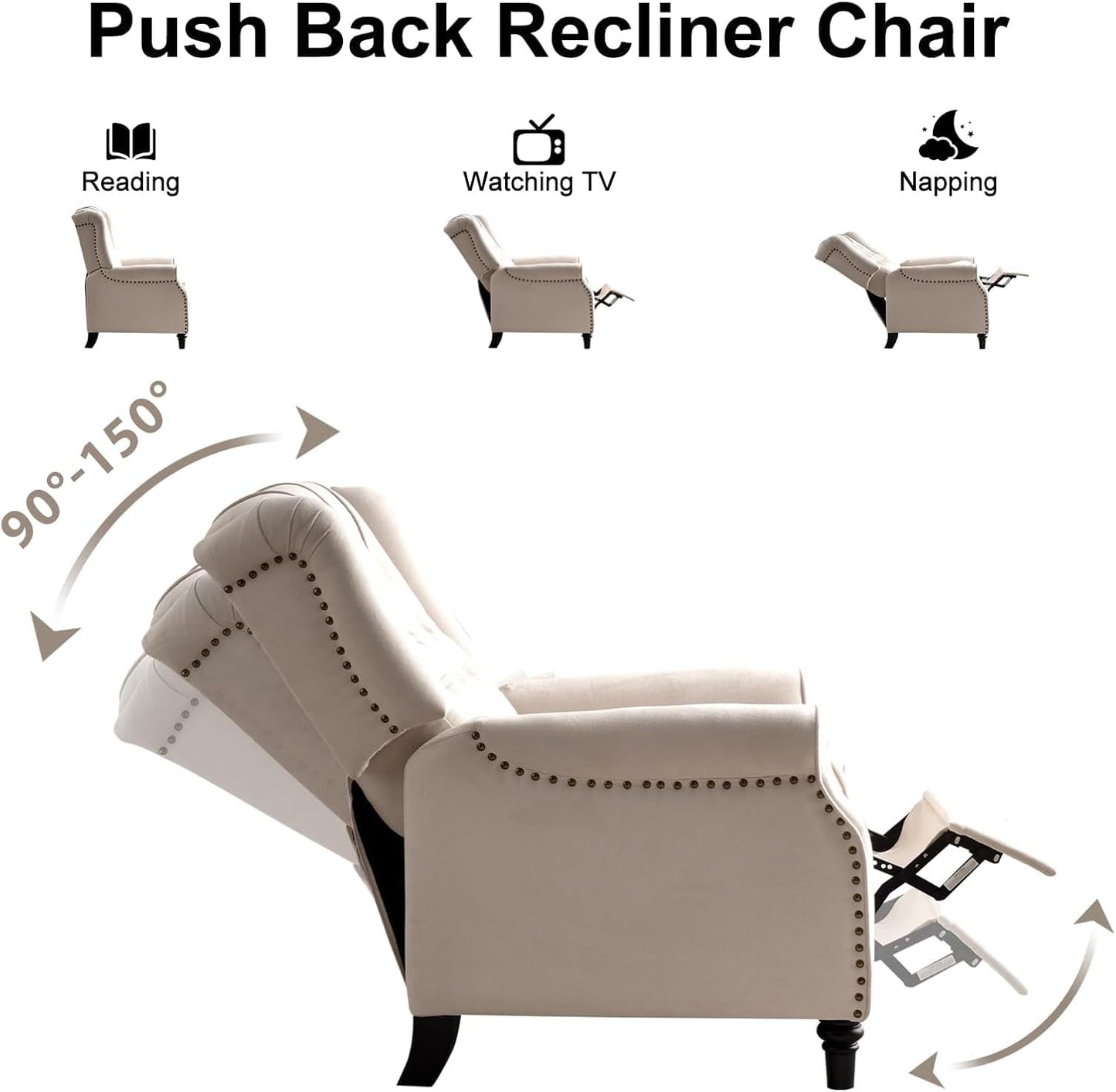 Pushback Recliner Chair, Fabric Armchair Push Back Recliner with Rivet Decoration, Mid Century Wingback Accent Chair for Living Room, Bedroom, Beige