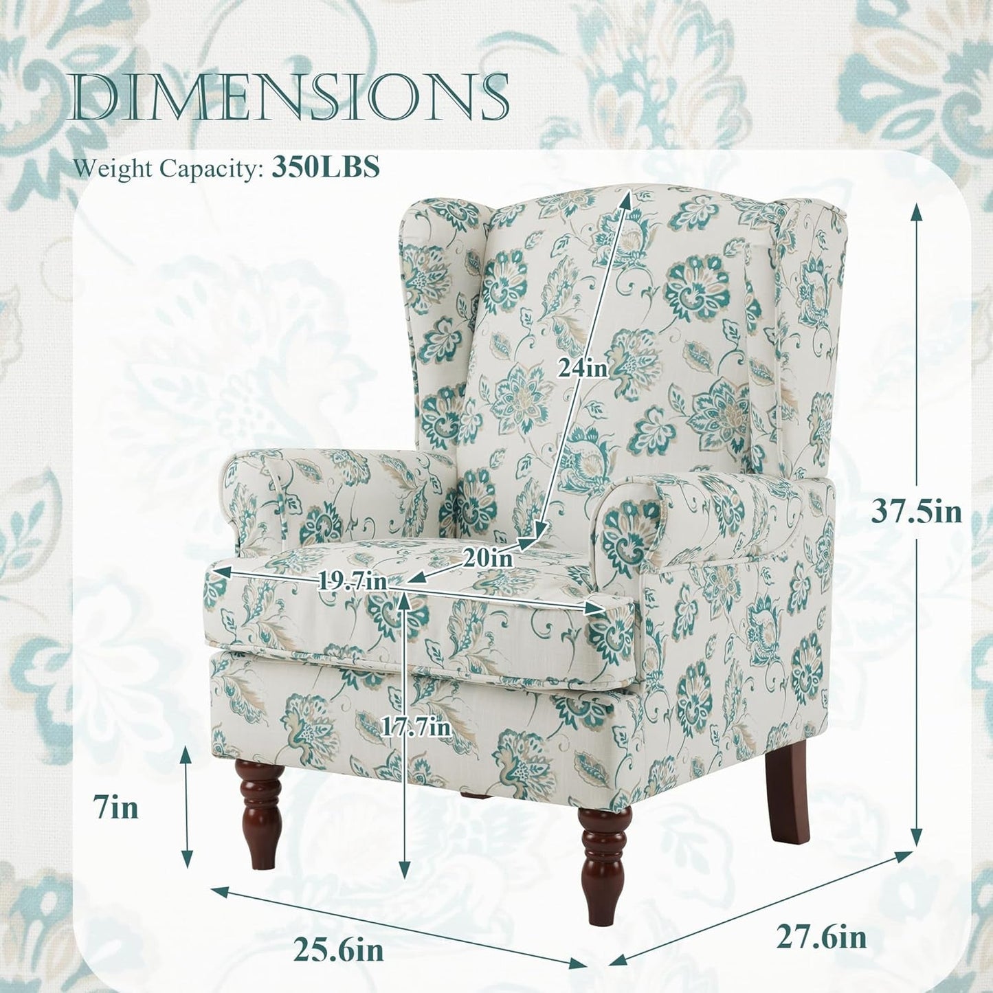 Floral Accent Chair, High Back Upholstered Armchair with Solid Legs, Leisure Single Sofa Chair for Living Room, Bedroom, Home Office, Light Cyan Floral