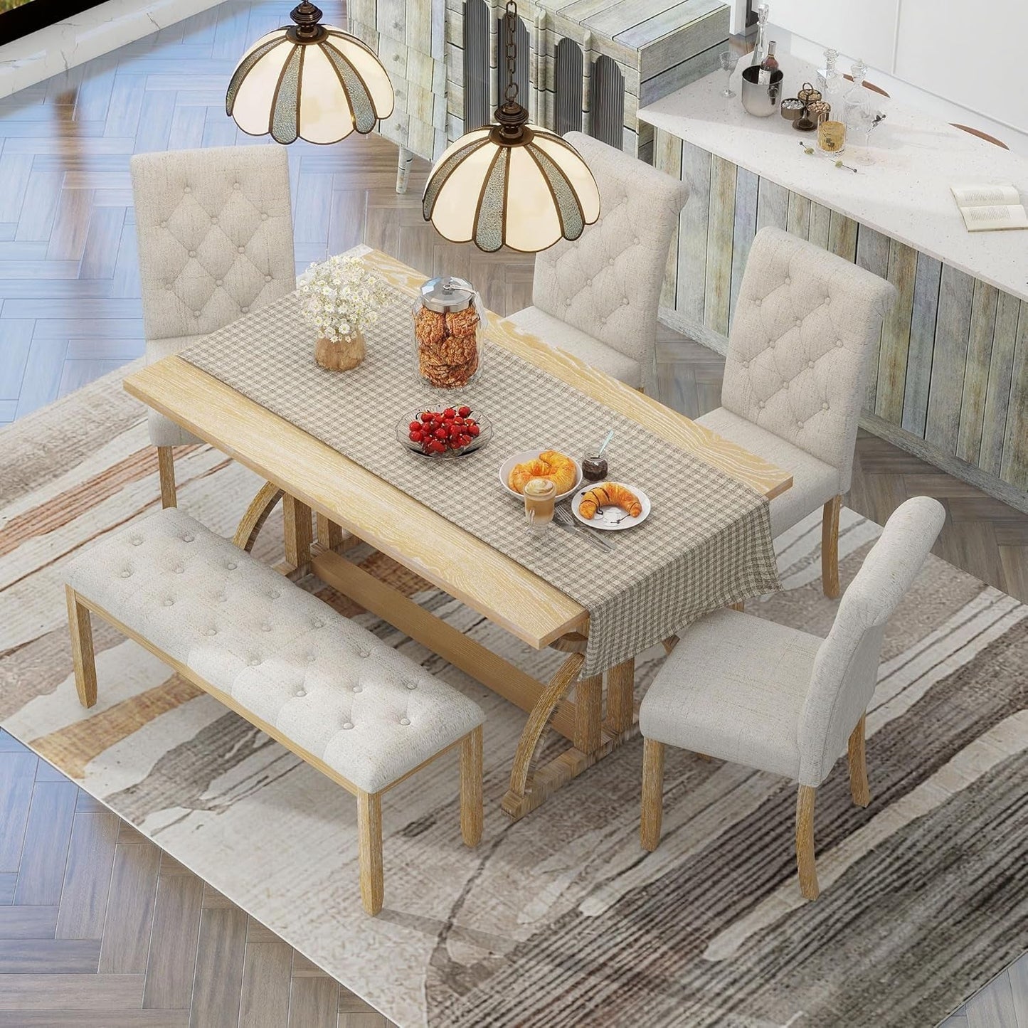 Solid Wood Kitchen Dining Room Table Set with Bench and Chairs for 6 Persons, Dining Table Set with with Rectangulars Table and Upholstered Seat, Natural Wood Wash