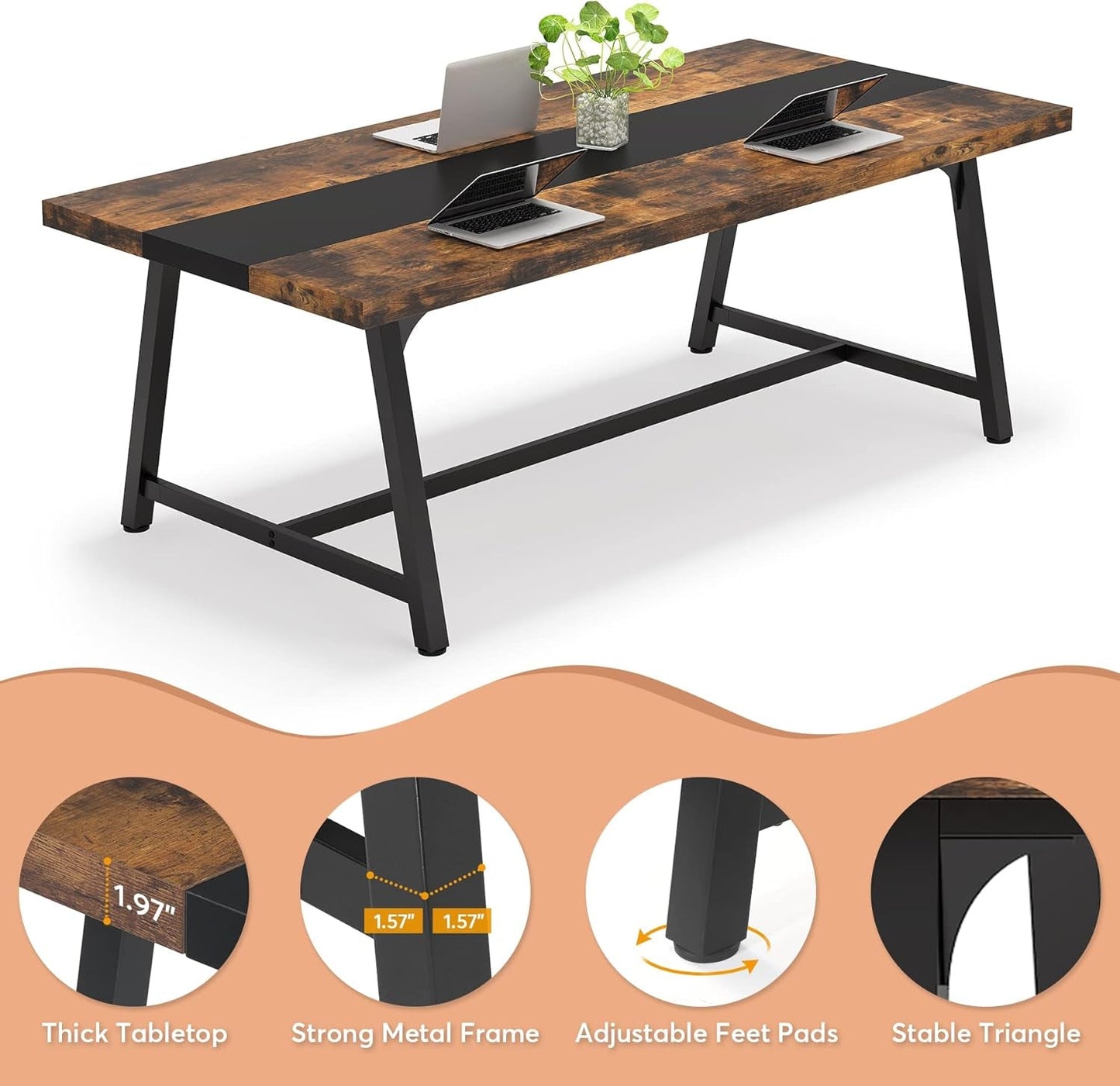 Dining Table for 8 People, 70.87-Inch Rectangular Wood Kitchen Table with Strong Metal Frame, Industrial Large Long Dining Room Table for Big Family (Rustic Brown)