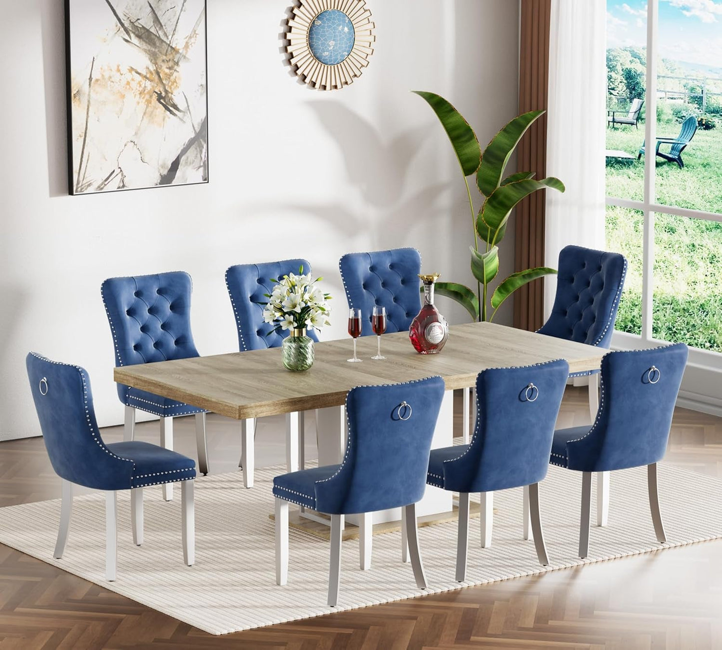 Extendable Dining Room Table Set for 8, 9-Piece Rectangle Kitchen Dining Room Table Set with Wood Base and 8 Blue Velvet Dining Chairs, Extending Kitchen & Dining Table Set