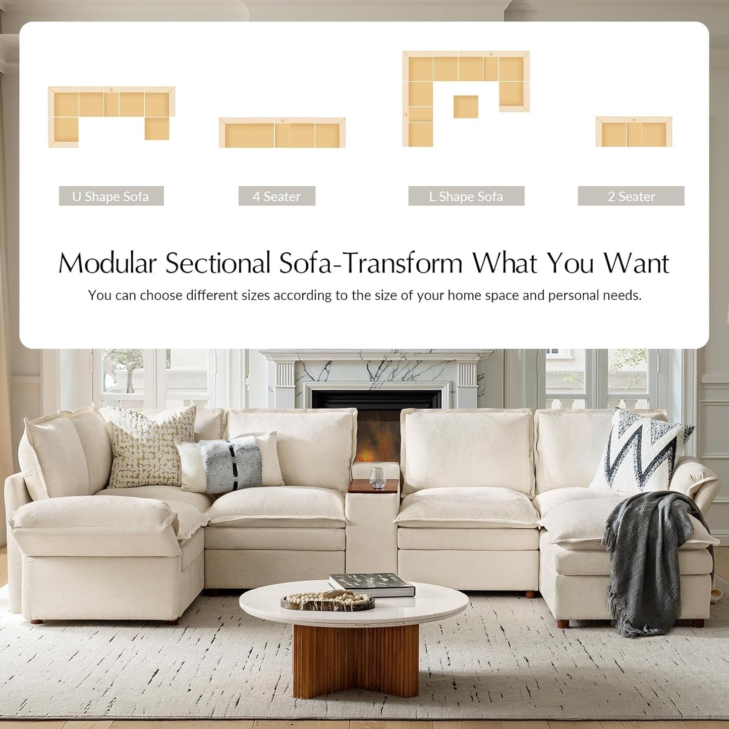 Oversized Modular Sectional Sofa with Central Console and USB Port, 6 Seater U Shaped Couch with Storage Ottoman and Dual-Layered Cushions, Modern Cloud Couch for Living Room, Beige