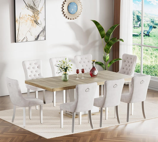 78.7" Farmhouse Extendable Dining Room Table Set for 8, 9-Piece Rectangle Kitchen Dining Room Table Set with Wood Base and 8 Beige Velvet Dining Chairs, Extending Kitchen & Dining Table Set
