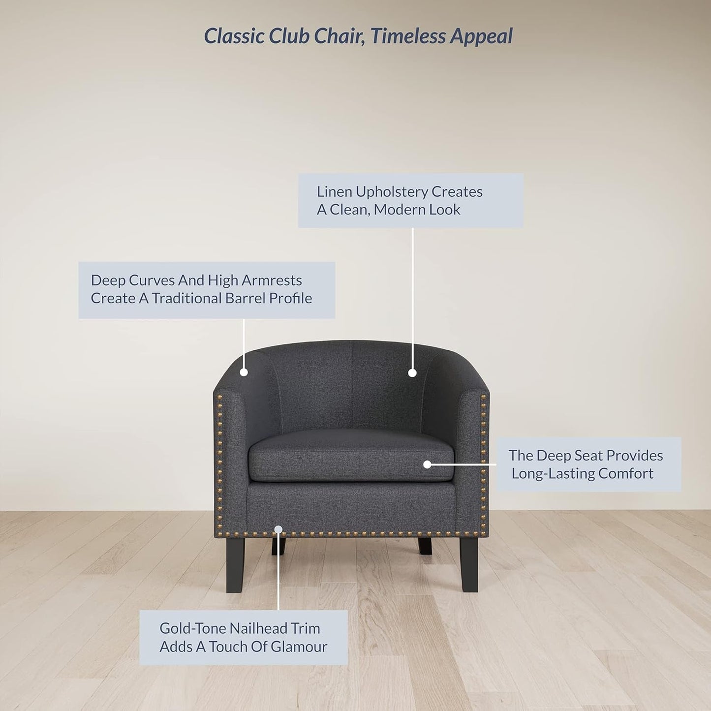 Accent Barrel Chair, Modern Tub Club Chair Upholstered Armchair with Gold Nail Head Trim and Black Legs for Living Room Bedroom Apartment Lounge - Gray/Linen
