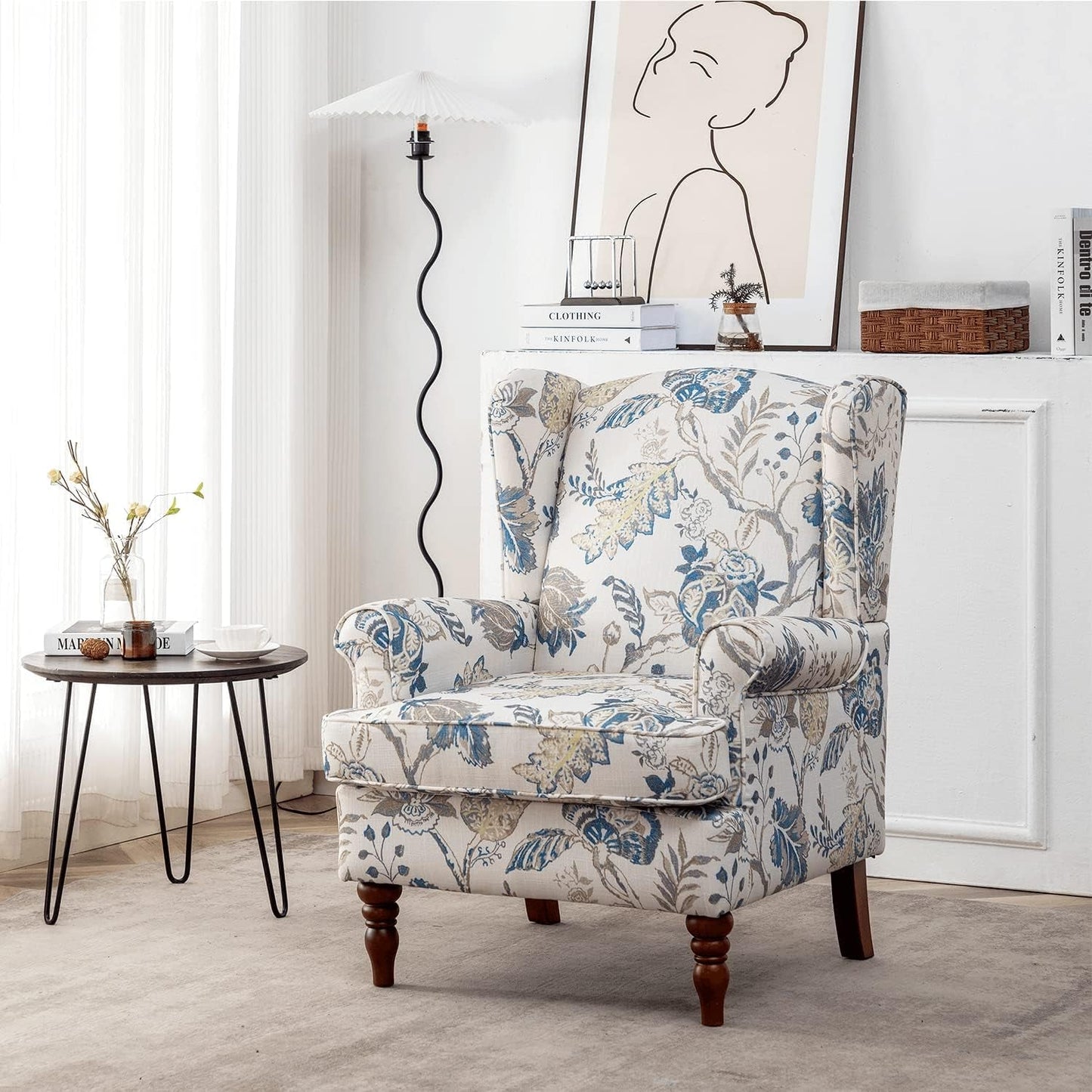 Floral Accent Chair, High Back Upholstered Armchair with Solid Legs, Leisure Single Sofa Chair for Living Room, Bedroom, Home Office, Blue Floral