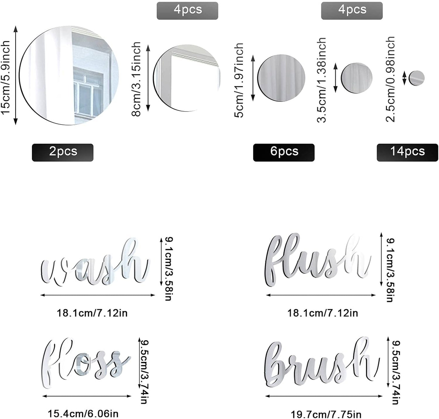 30 Pcs Bathroom Wall Decals Brush Wash Flush Floss Stickers 3D round Mirrors Wall Decal Self Adhesive DIY Acrylic Mirror Decor Beautiful Art Words Decor for Home Bedroom (Silver)
