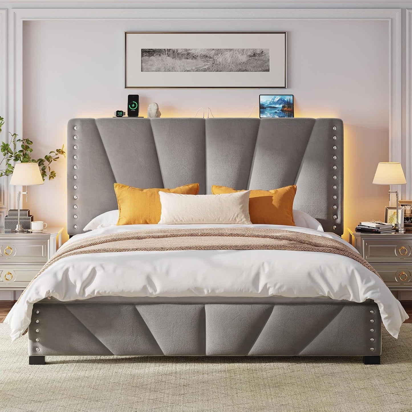 Queen Bed Frame, Velvet Bed Frame with Headboard and Led Light, Platform Bed Frame for Bedroom Apartment, Dorm, Noise-Free, Easy Assembly, Dark Gray