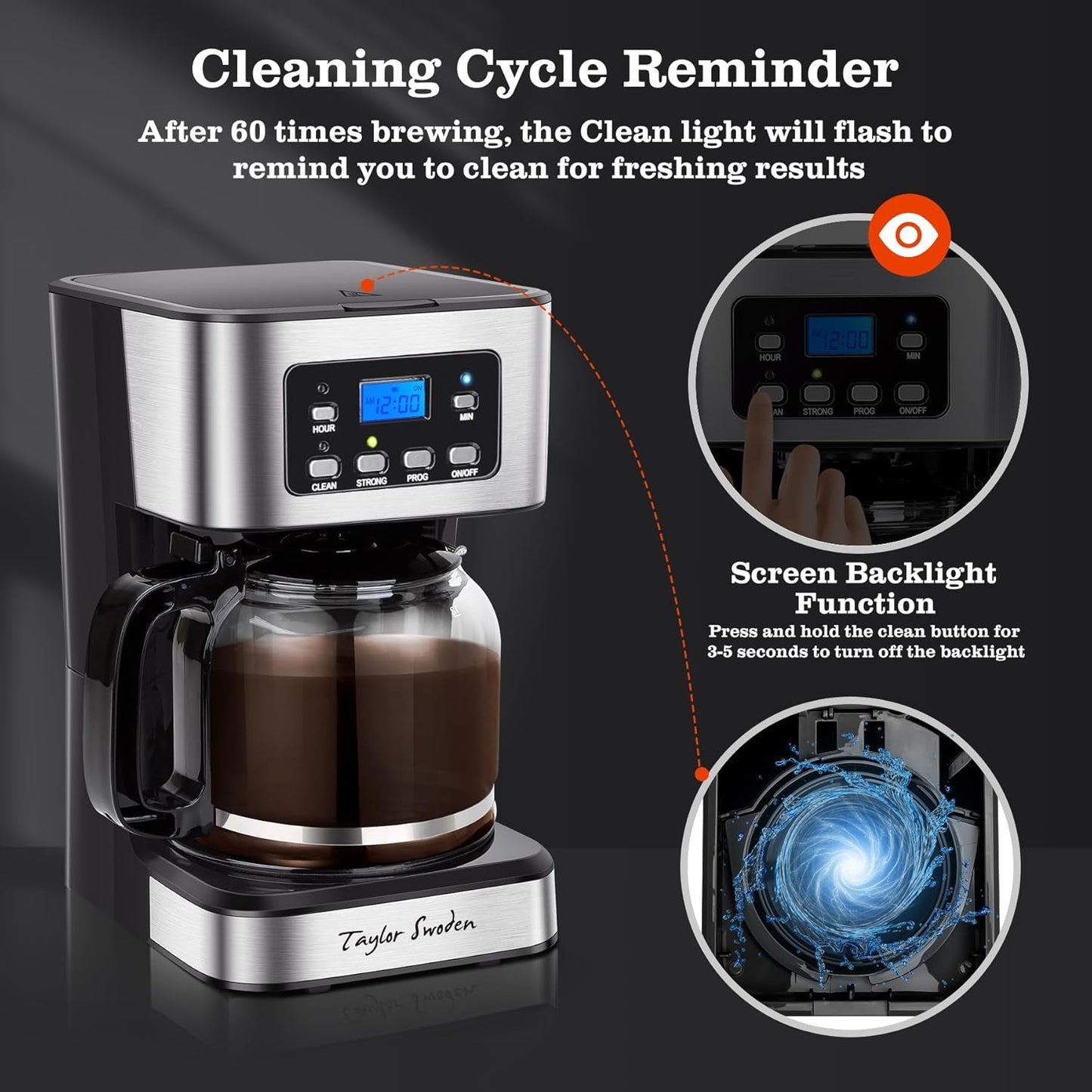 12-Cup Programmable Coffee Maker, Regular & Strong Brew Drip Coffee Machine for Home and Office, Glass Carafe, Pause & Serve, Auto Shut Off, Black & Stainless Steel