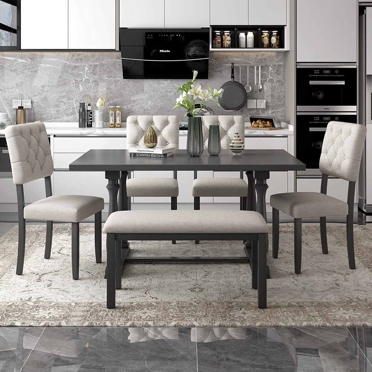 6 Piece Kitchen Dining Table Set, Wooden Rectangular Dining Table with Upholstered Bench and 4 Chairs, Dining Room Table Set for 6 People, Living Room Furniture (Gray, Beige Cushions)