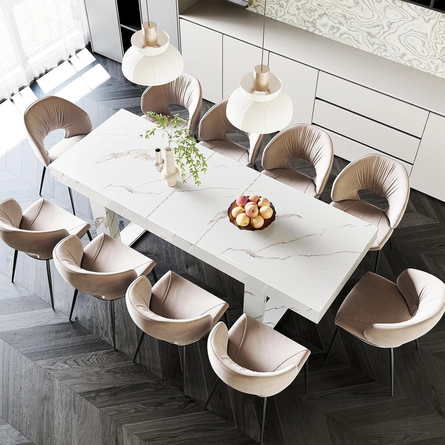 White Marble Extendable Dining Room Table for 8 10, 70.9" (86.6") X 31.5", Rectangle Dinner Table for 6-10, Modern Expandable Retractable Kitchen Table (White)