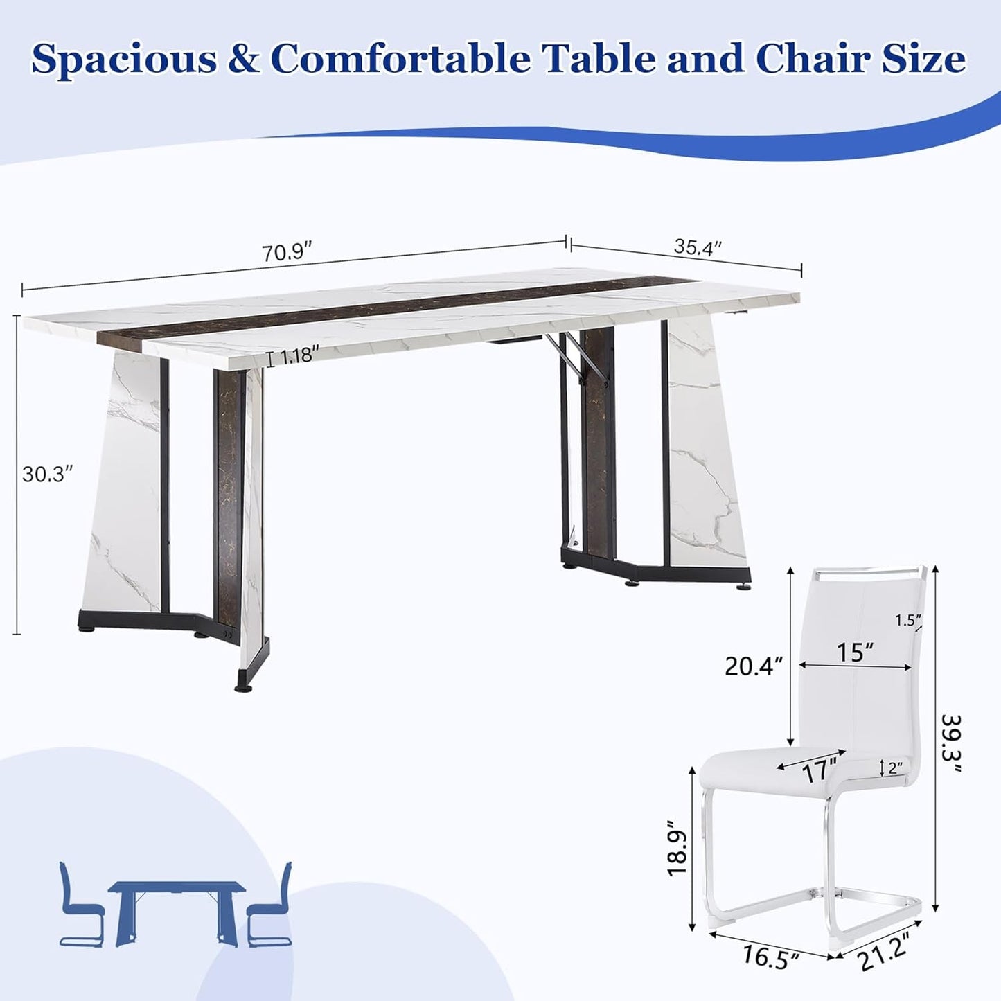 Dining Table Set for 6,White Marble 71'' Dining Room Table with Spacious Legroom and White Leather Dining Chairs,Easy Assembley,7 Pieces Kitchen Table and Chairs for Dining Room,Restaurant