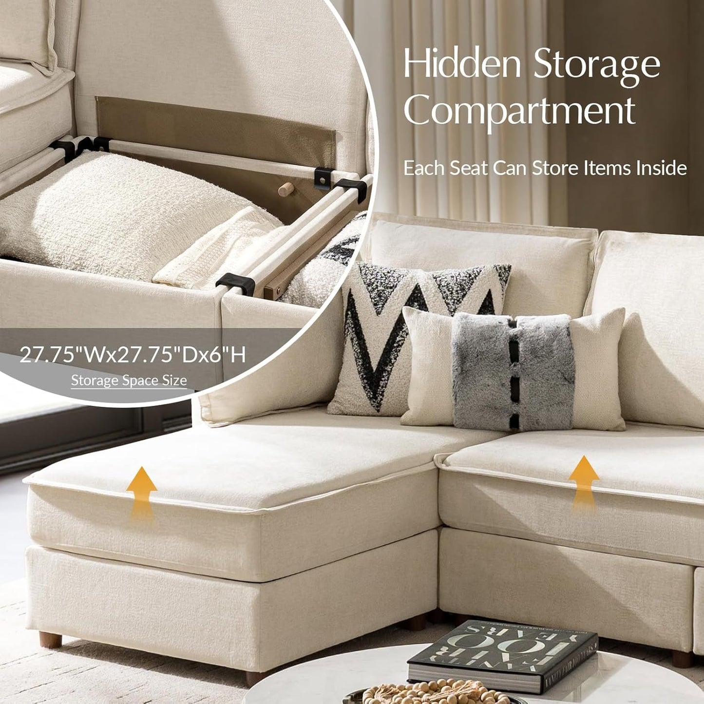128'' Modular Sectional Sofa with Chaise, Oversized U Shaped Sofa with Hidden Storage Compartment, Comfy Cloud Couch with Extra-Wide Seat, Tool-Free Assembly, Beige