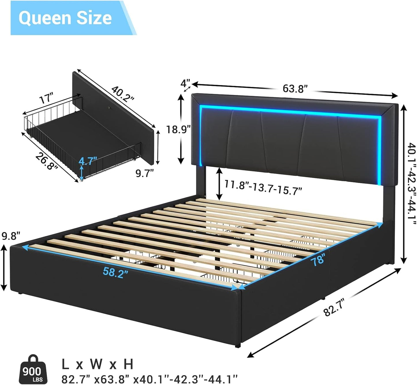 Queen Bed Frame with Headboard and 4 Storage Drawers, Modern Faux Leather Upholstered Platform Bed Frame Queen Size with LED Lights and USB Ports, No Box Spring Needed, Black