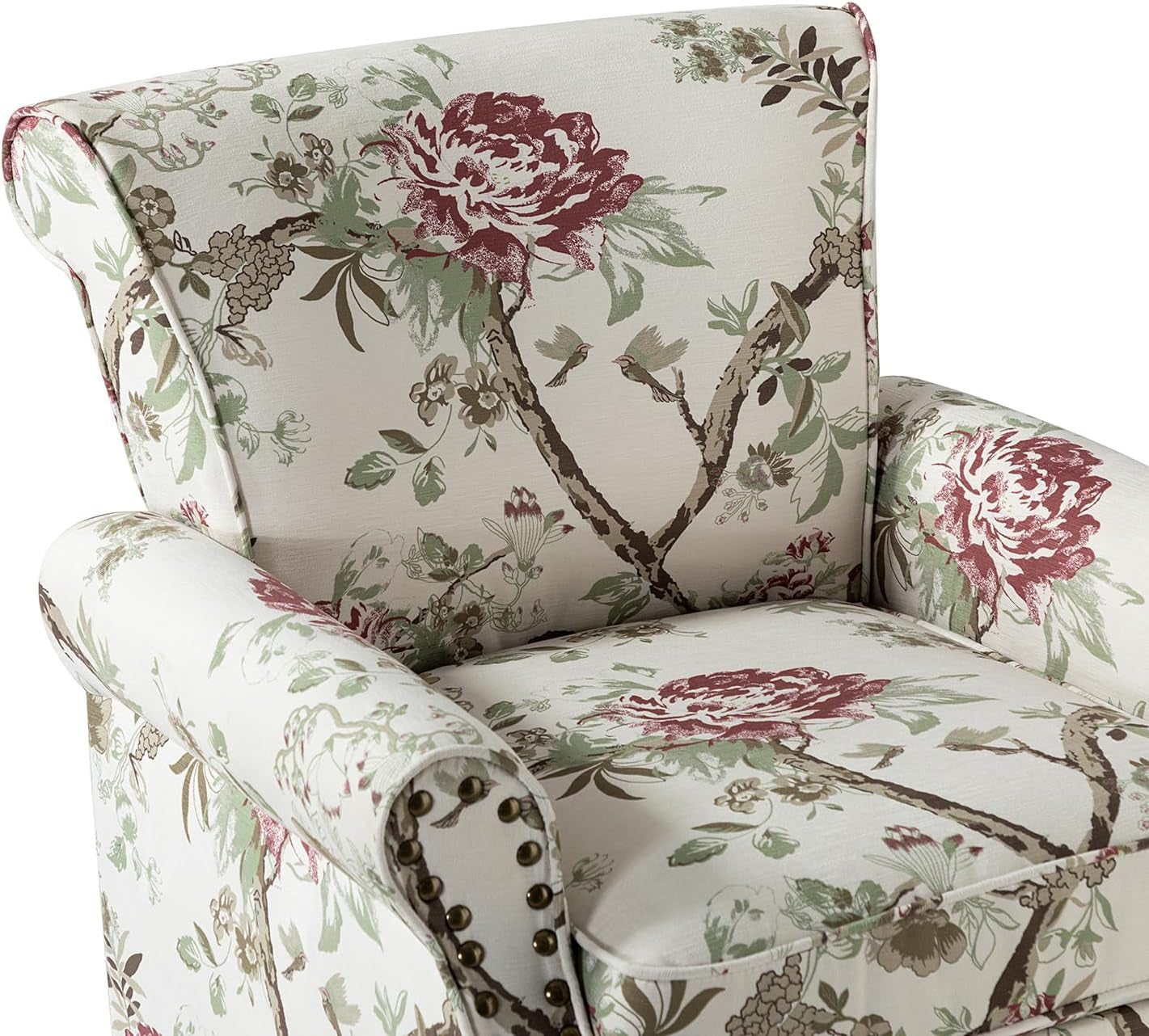 Modern Wingback Accent Chair with Wood Legs & Removable Cushion, Comfy Upholstered Armchair with Nailhead Trim, Floral Pattern Sofa Chair for Bedroom Living Room, Floral