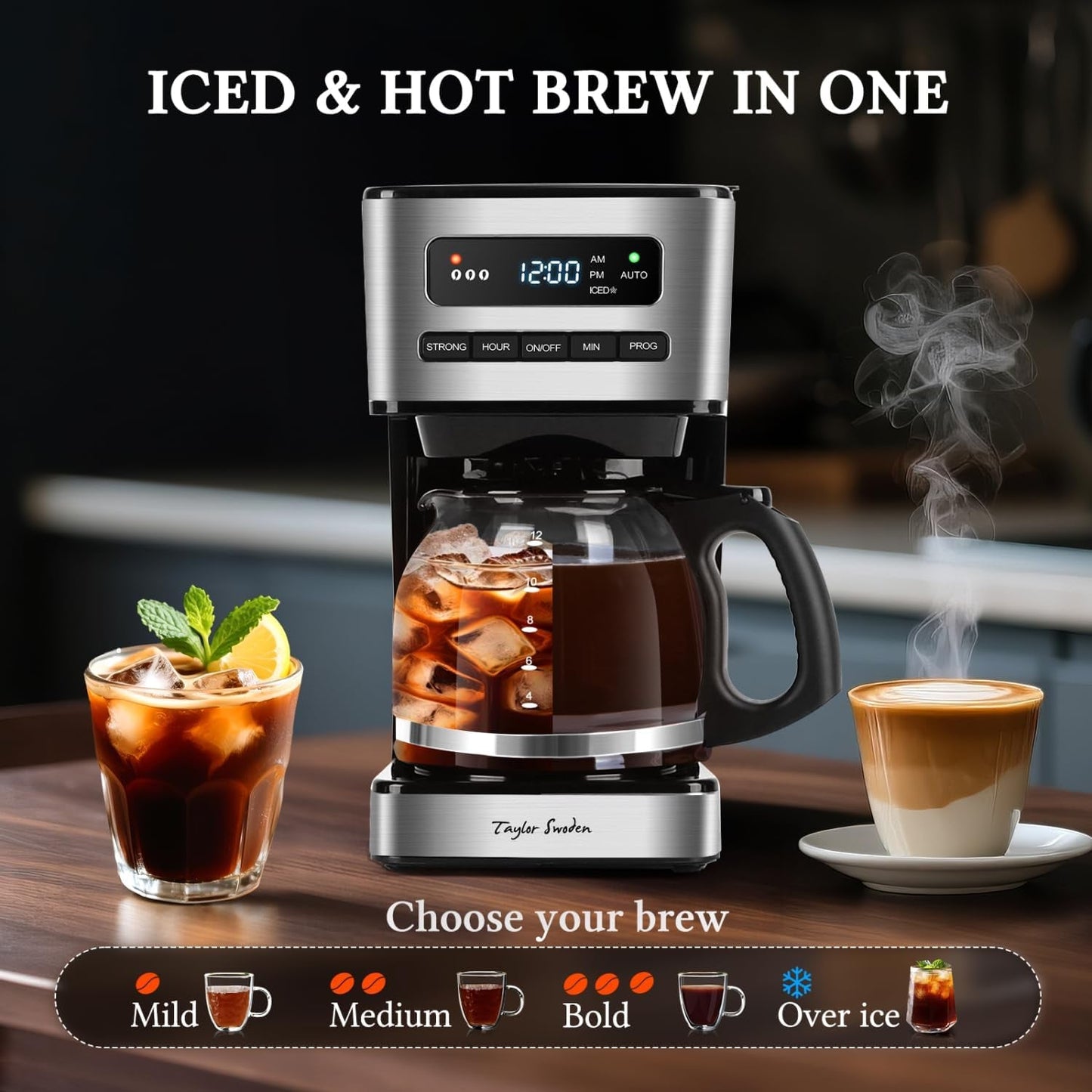 Programmable Coffee Makers 12 Cup, Hot and Iced Coffee Maker, 4 Brew Strength, LED Display, 24H Timer, Keep Warm&Auto Shutoff- Drip Coffee Machine for Home/Office, Black &Stainless Steel