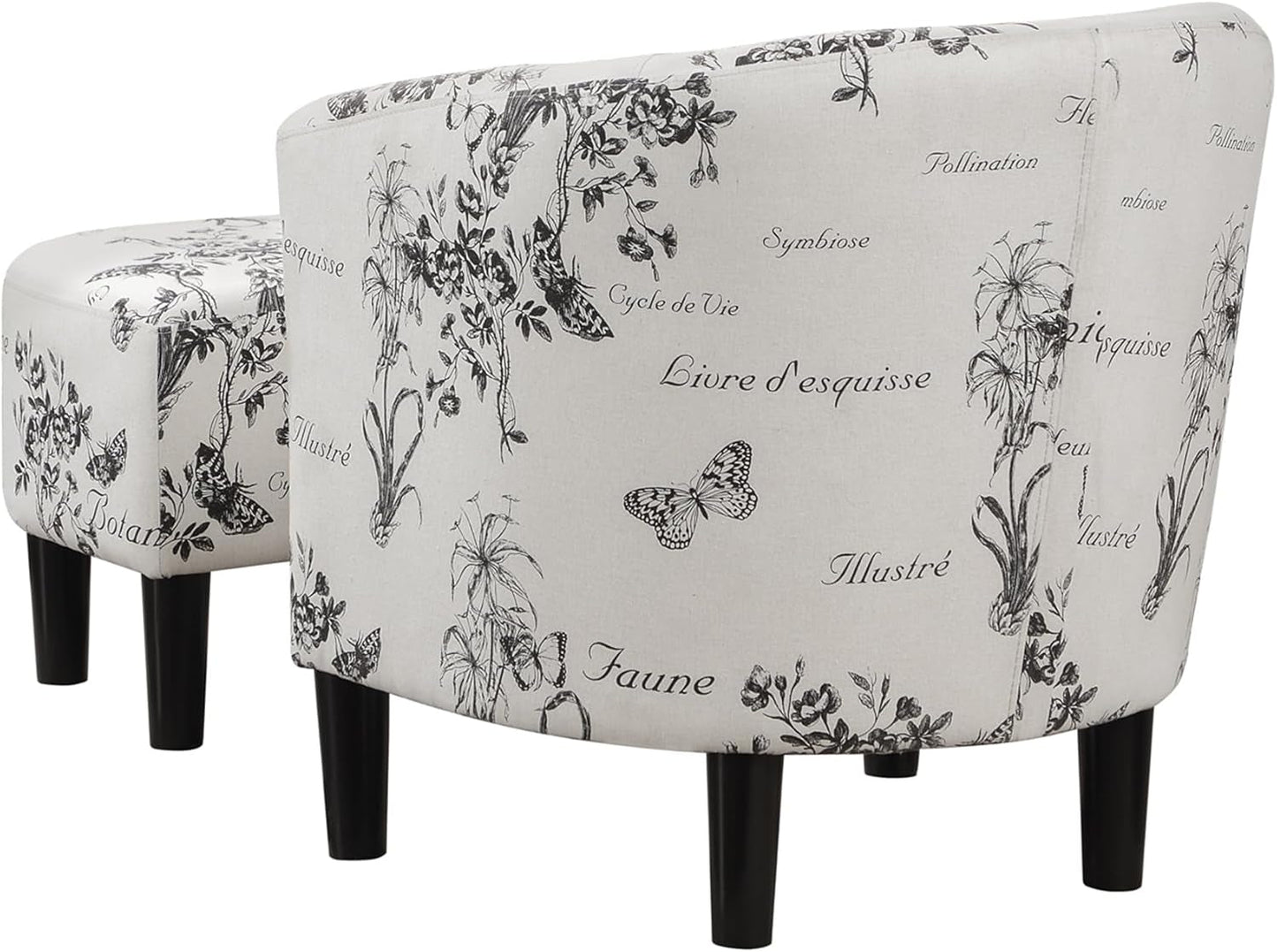 Take a Seat Churchill Accent Chair with Ottoman Set 26.25" - Modern Classic Mid-Back Barrel Accent Chair with U-Shaped Ottoman, for Living Room, Bedroom, Office, Botanical Print