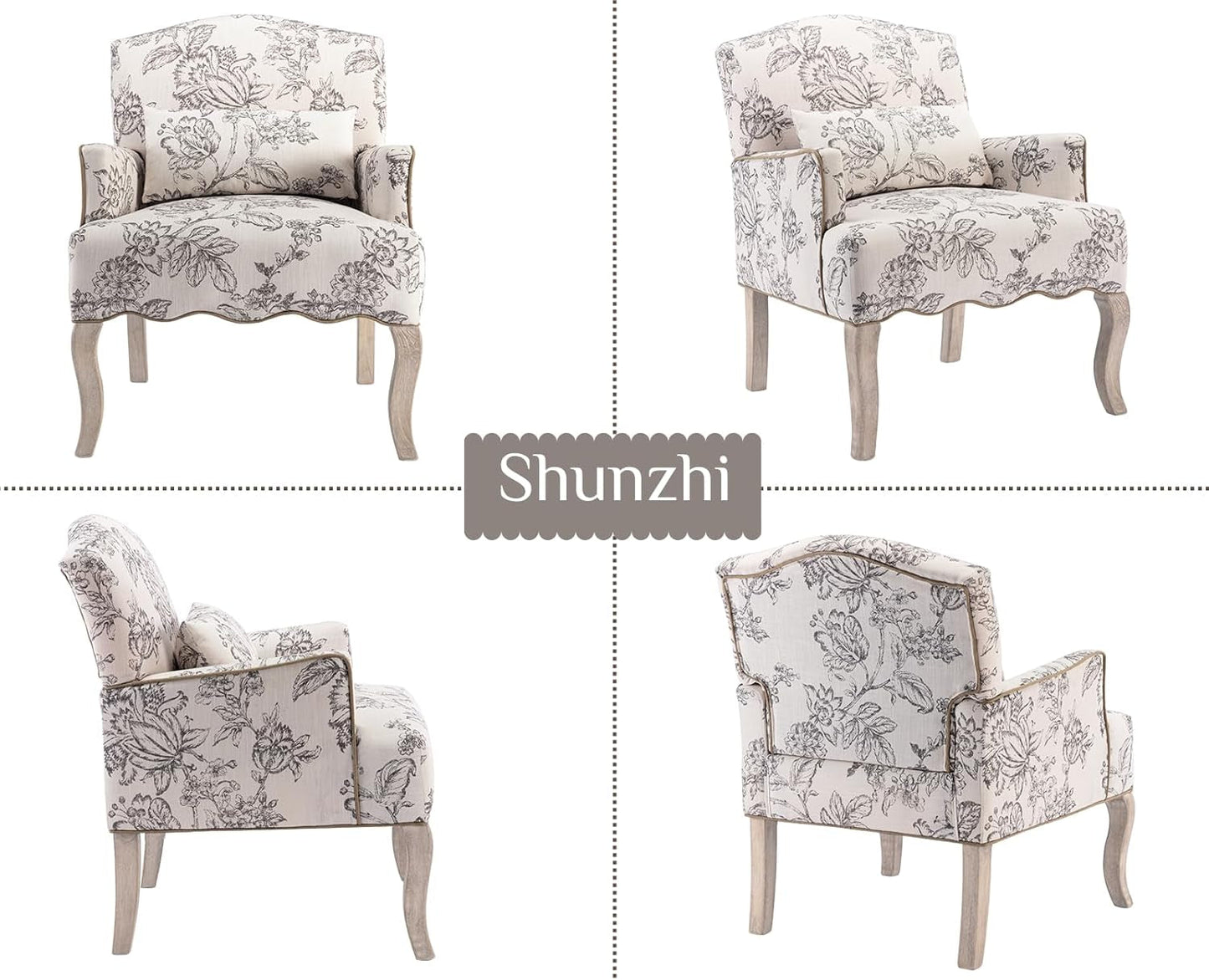 Floral Accent Chairs Farmhouse Upholstered Armchair Linen Reading Chair Mid Century Modern Single Sofa Chair with Pillow for Bedroom/Living Room/Fireplace, Beige, 1PC