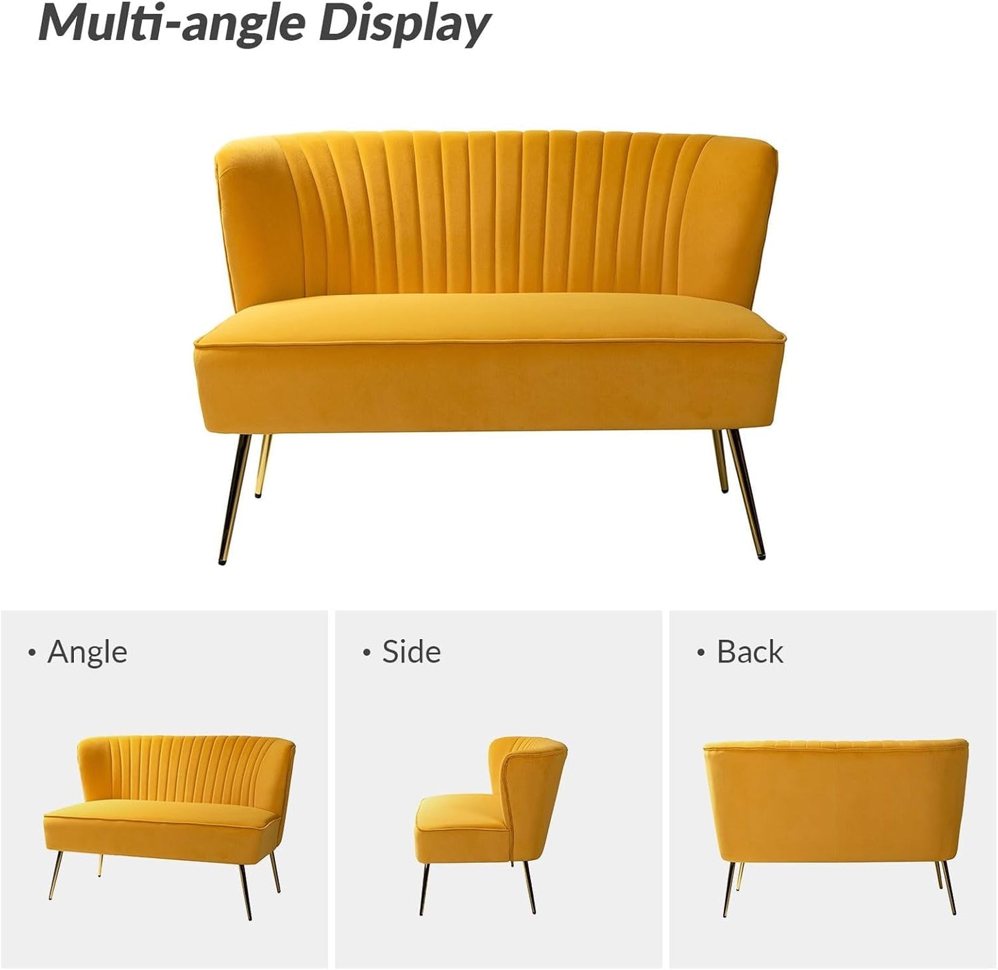 Velvet Loveseat Sofa with Gold Legs, Mid-Century Modern Upholstered Love Seat Couch, Tufted Small 2-Seat Sofa Armless for Living Room, Bedroom, Apartment Small Spaces, Mustard