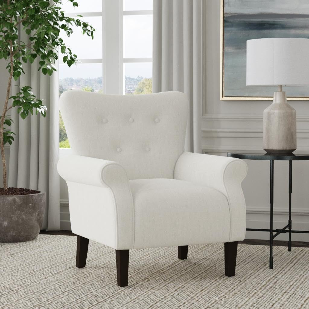 Home Decor | Upholstered Rolled Arm Accent Chair | Accent Chairs for Living Room & Bedroom | Decorative Home Furniture - Cream Solid Woven