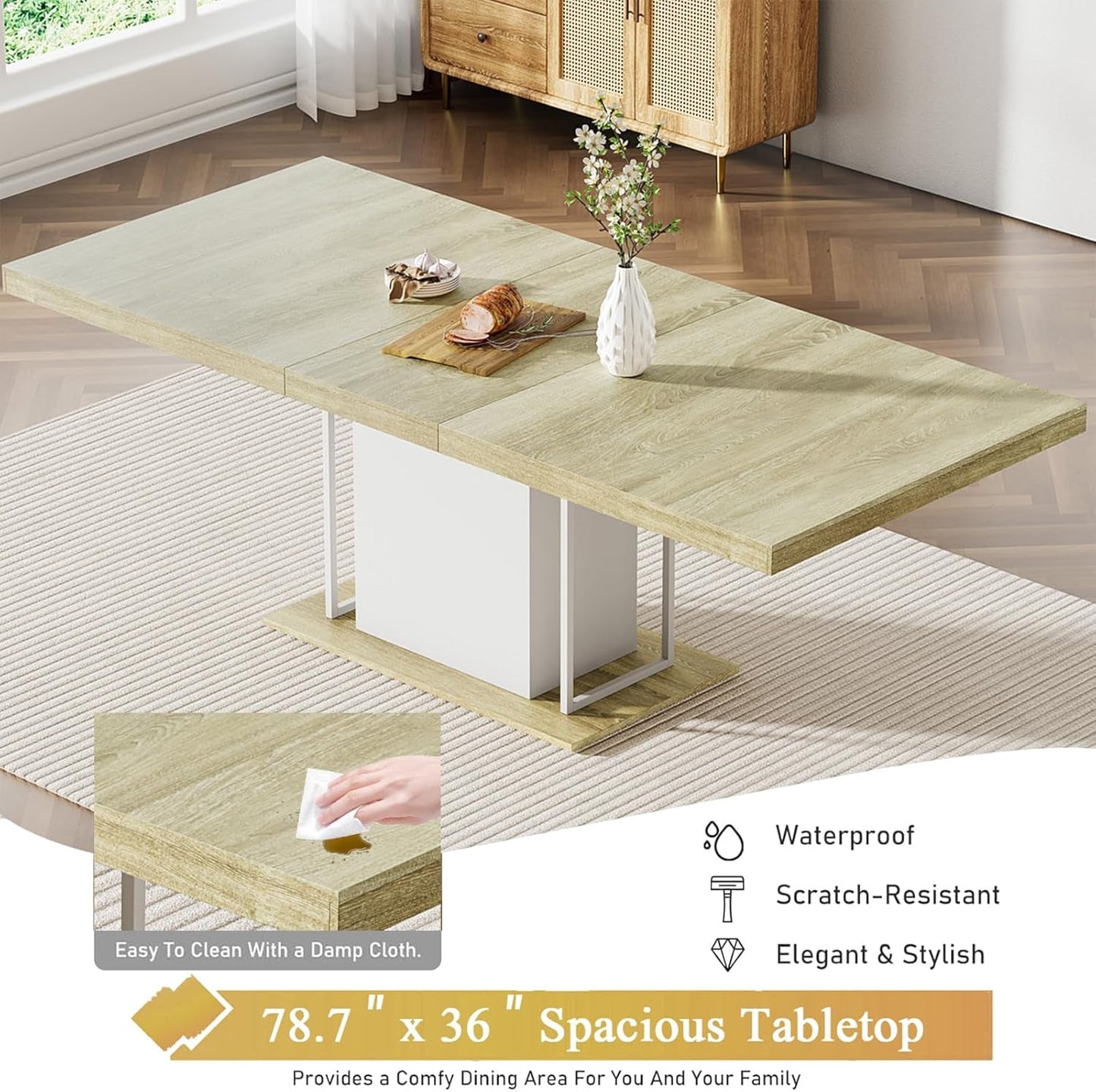 Extendable Dining Room Table Set for 8, 9-Piece Rectangle Kitchen Dining Room Table Set with Wood Base and 8 Blue Velvet Dining Chairs, Extending Kitchen & Dining Table Set