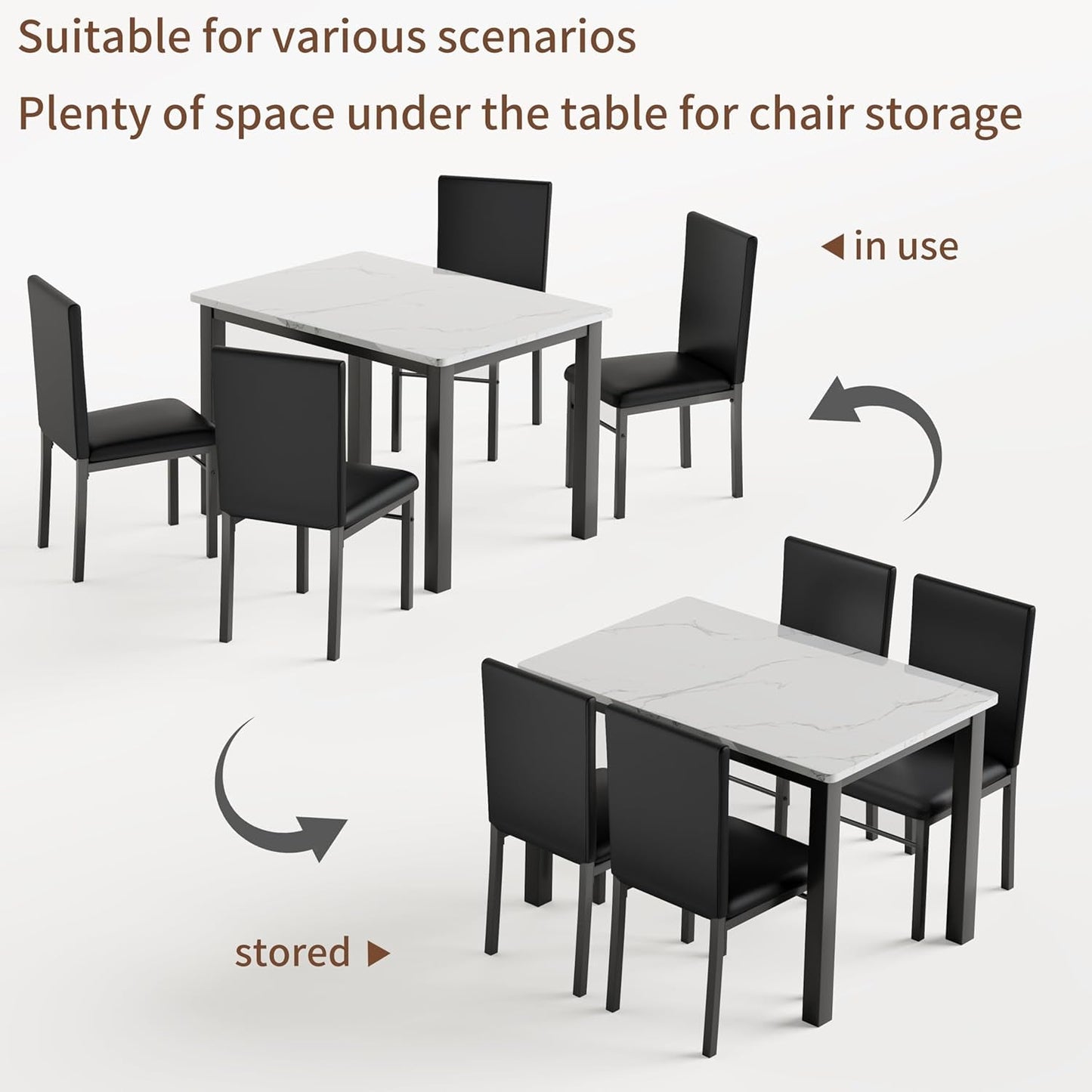 Dining Table Set for 6, 7-Piece Kitchen Dining Room Set with Faux Marble Top & Sturdy Metal Frame, Space Saving Dinner Table with 6 Chairs for Small Spaces, Dining Room, White & Black