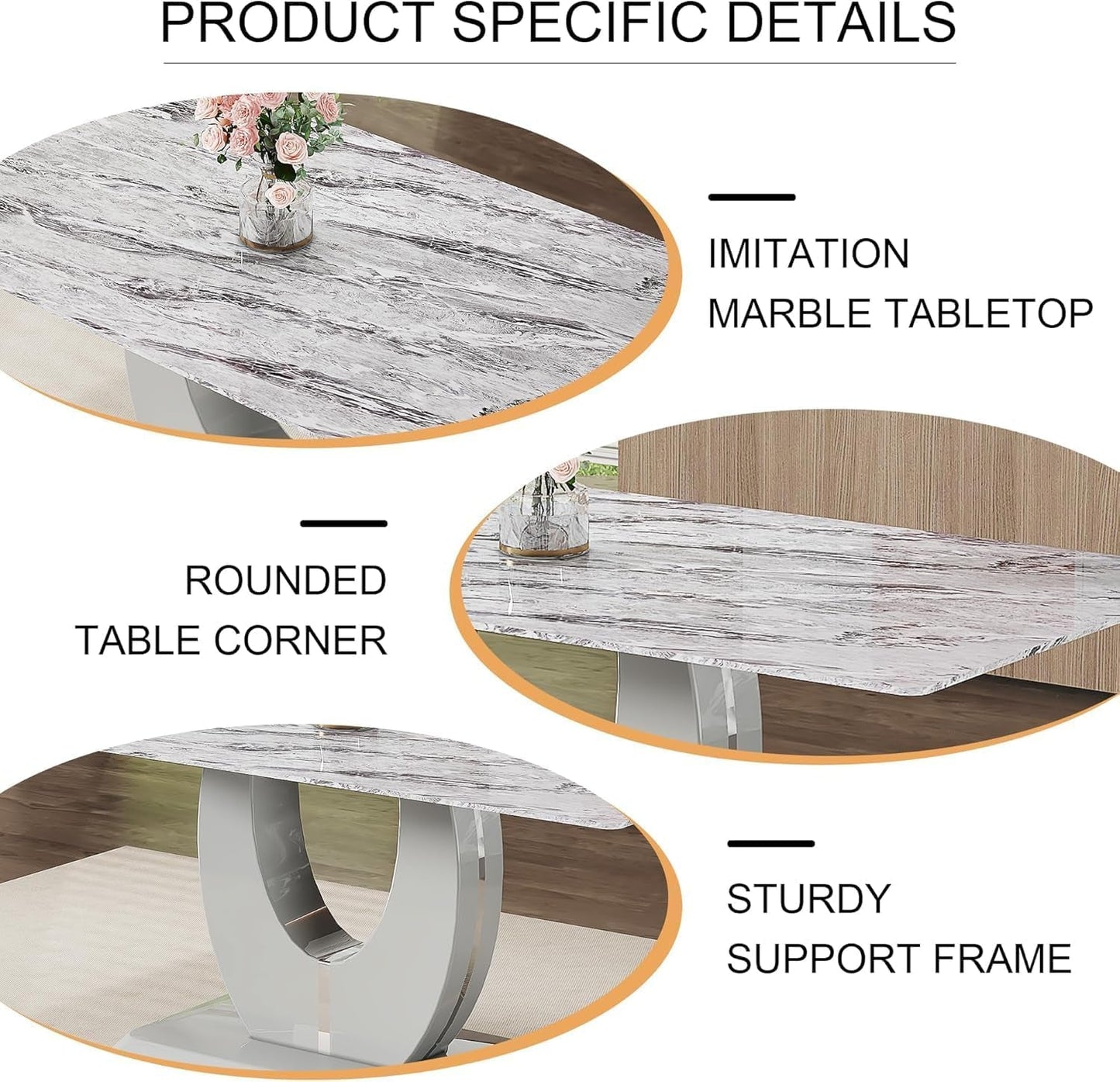71" Faux Marble Dining Table Set for 6, Modern Grey Dining Room Table Set with Tempered Glass Top and Sturdy Base, Rectangle Kitchen Table and Upholstered Chairs Set for Home