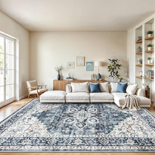 8X10 Washable Area Rug, Low-Profile Large Area Rug with Non-Slip Backing & Durable Edge Binding, Vintage Large Rugs for Living Room, Bedroom, Dinning Room