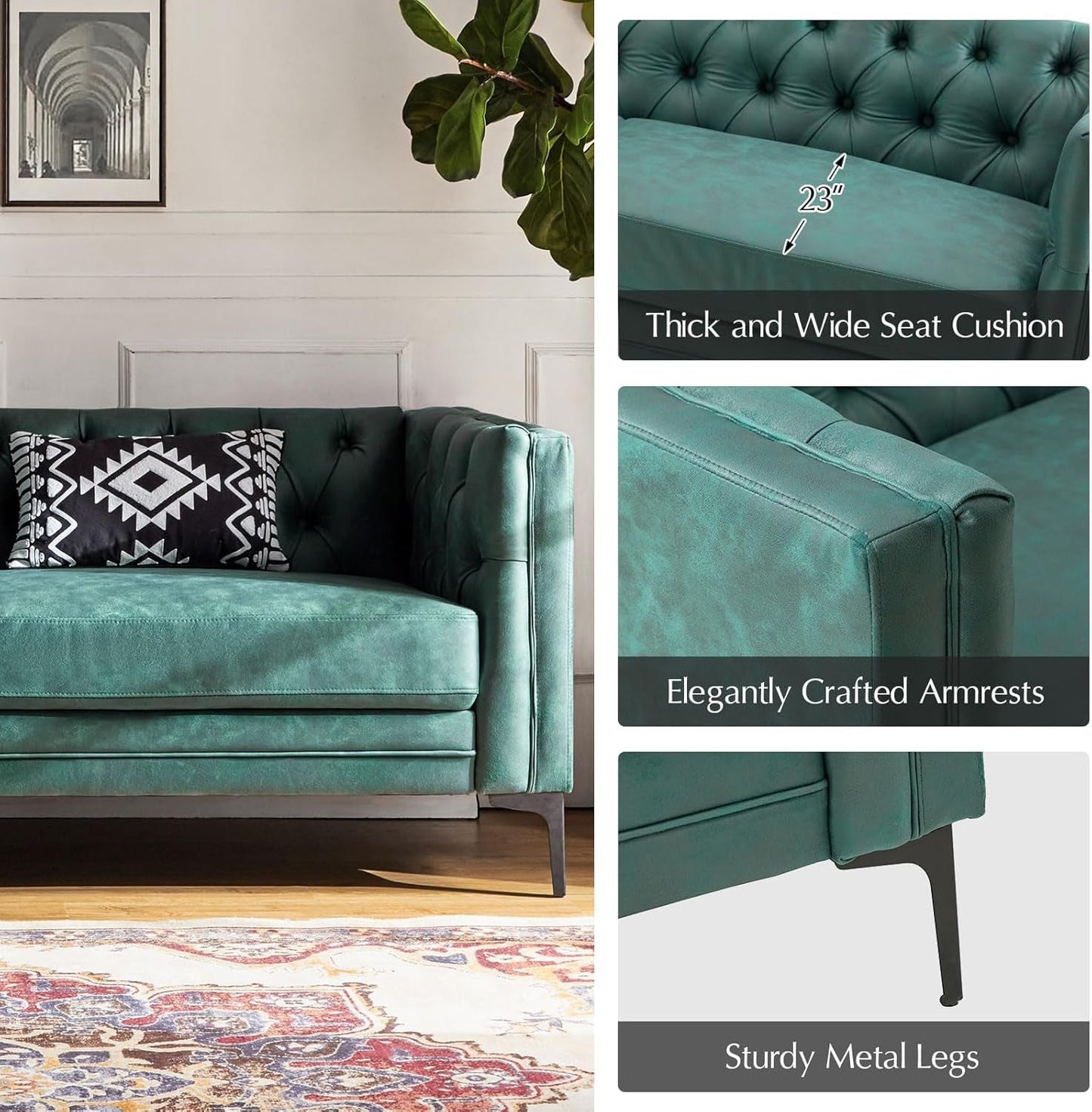 84" W Faux Leather Sofa Couch with Metal Legs, Button-Tufted 3-Seater Sofa, Mid Century Modern Contemporary Upholstered Couch for Living Room, Entertainment Area, Apartment,Green