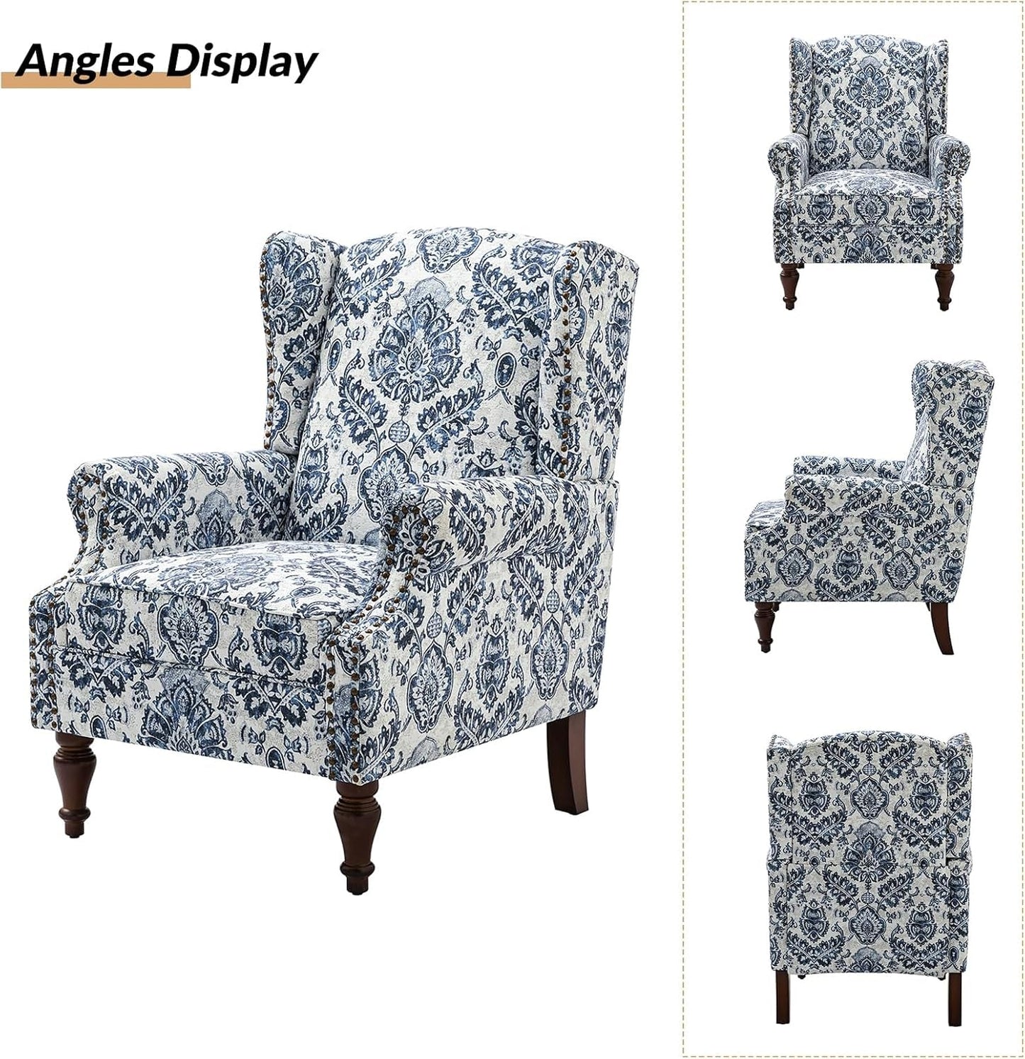 Wingback Accent Chair with Floral Pattern Design, Traditional Fabric Armchair with Nailhead Trim and Retro Wooden Legs, Navy