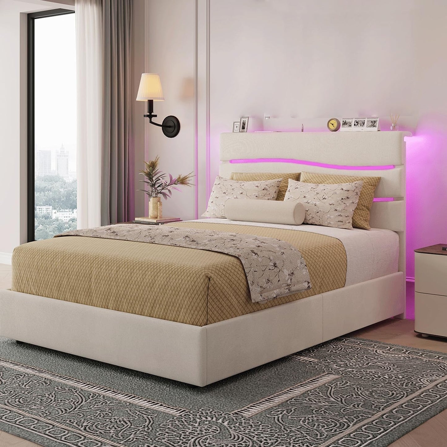 Queen Bed Frame with Fabric Upholstered Headboard and Wooden Slats Support, Queen Size Platform Bed Frame Built in Charging Station & LED, No Box Spring Needed, Easy Assembly, Beige