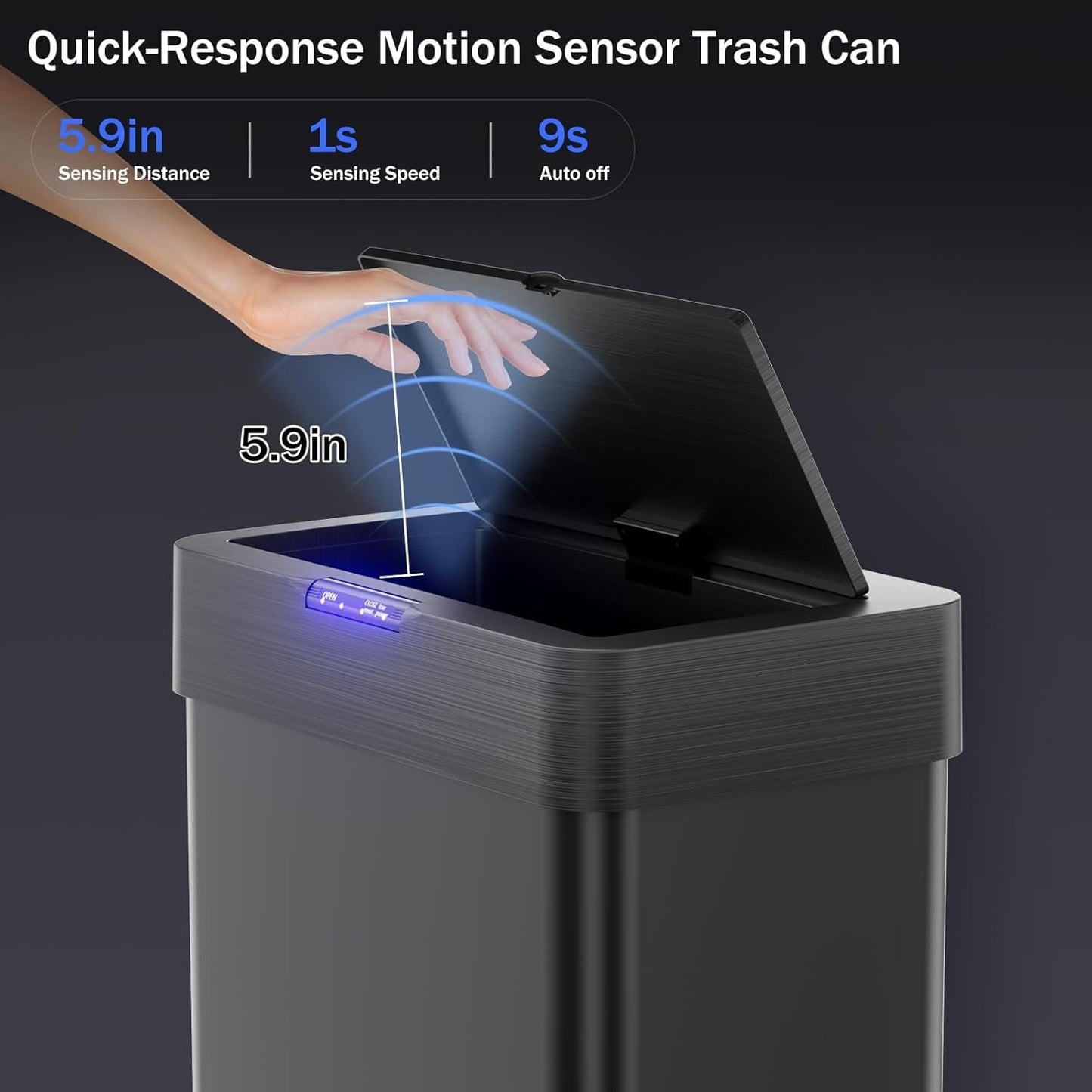 16 Gallon Motion Sensor Trash Can,Touchless Automatic Garbage Can,Brushed Stainless Steel Smart Bin,With Bag Holder,Soft Close Lid,For Kitchen,Office,Rv,Bedroom,Living Room (Black, 60L)