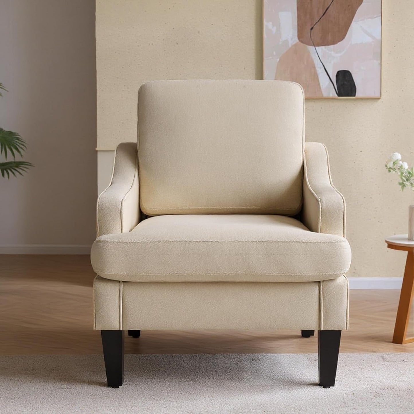 Accent Chair for Living Room,Mid-Century Arm Chair Fabric Living Room Chairs,Upholstered Reading Chair for Bedroom,Single Sofa Chair with Wood Legs for Apartment (Beige)