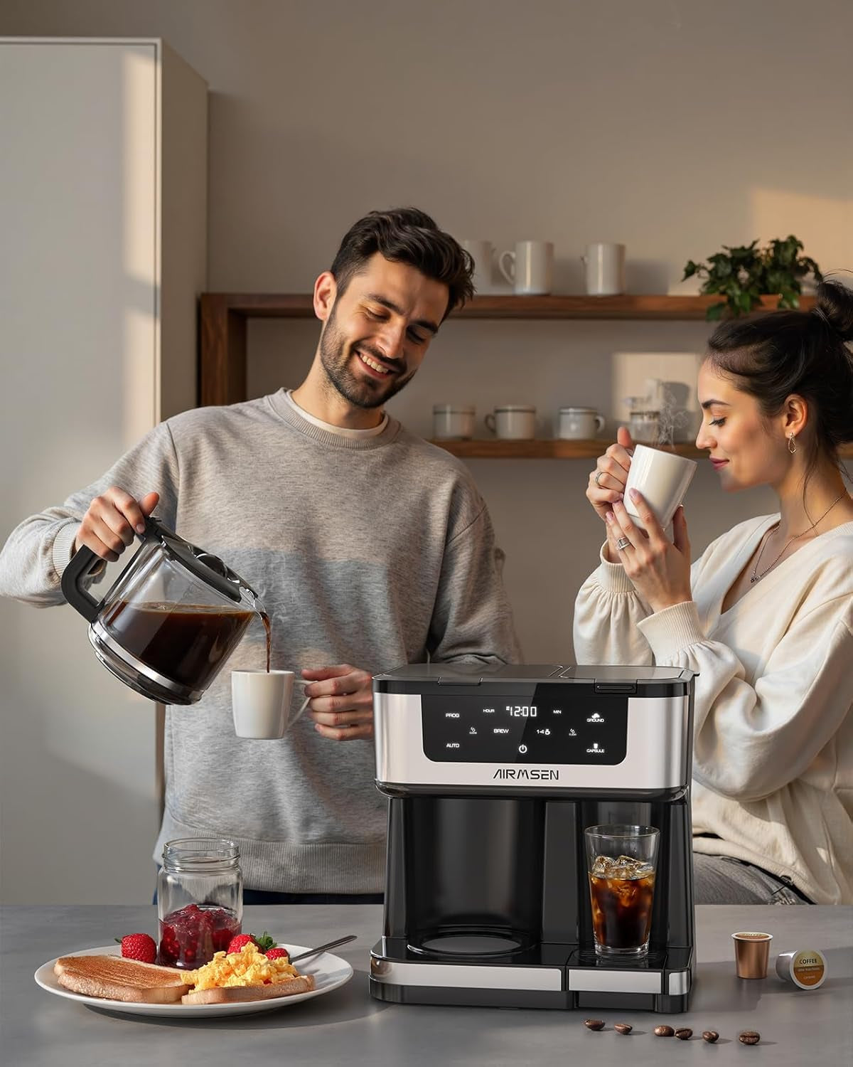 12-Cup Programmable Dual Coffee Maker – Single Serve Machine for K-Cup Pods & Ground, 1000W Fast Brew, Delay Start, 2H Keep Warm, Touchscreen, 60Oz Tank, Glass Carafe – Home & Office