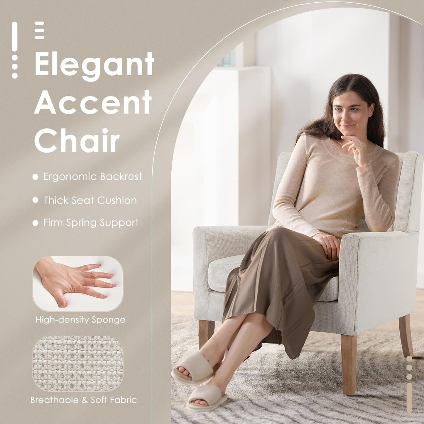 Modern Wingback Living Room Chair Set of 2, Upholstered Fabric Accent Armchair, Single Sofa Chair with Lounge Seat and Wood Legs for Bedroom/Office/Reading Spaces, Beige